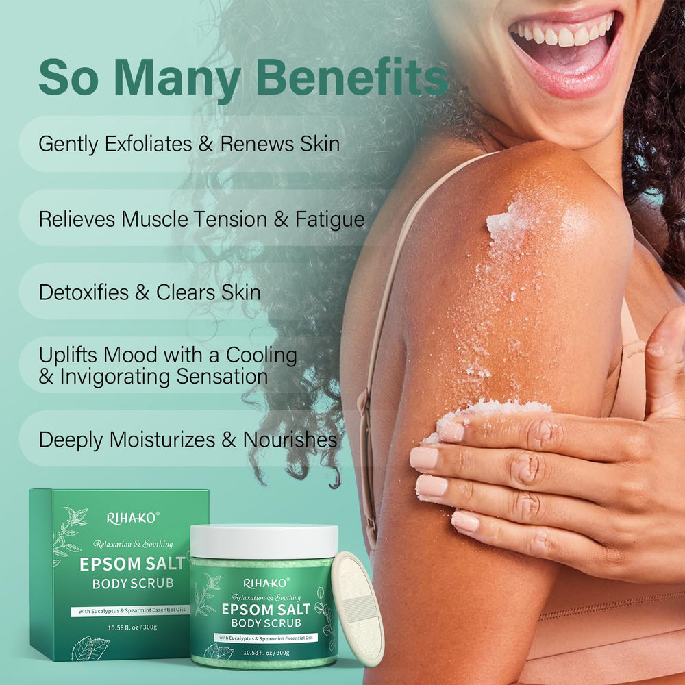 RIHAKO exfoliation douce au sel d’Epsom eucalyptus menthe sur peau