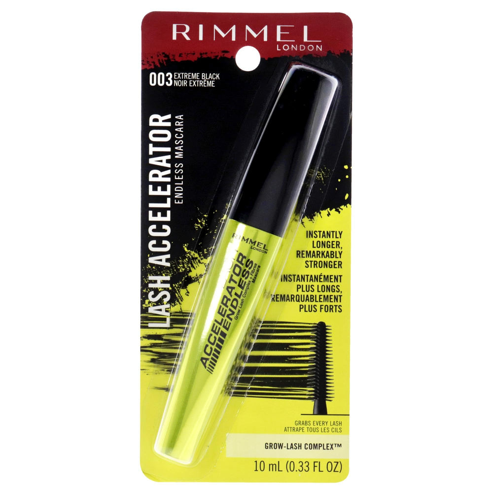 Rimmel Lash Accelerator Mascara avec brosse séparation cils pour un regard net et défini.