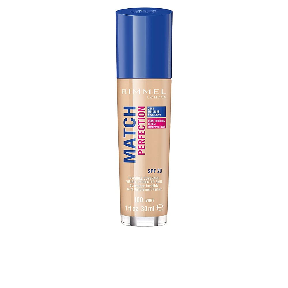 Rimmel Match Perfection Foundation, flacon-pompe, hydratation 24h et teinte 100 Ivoire