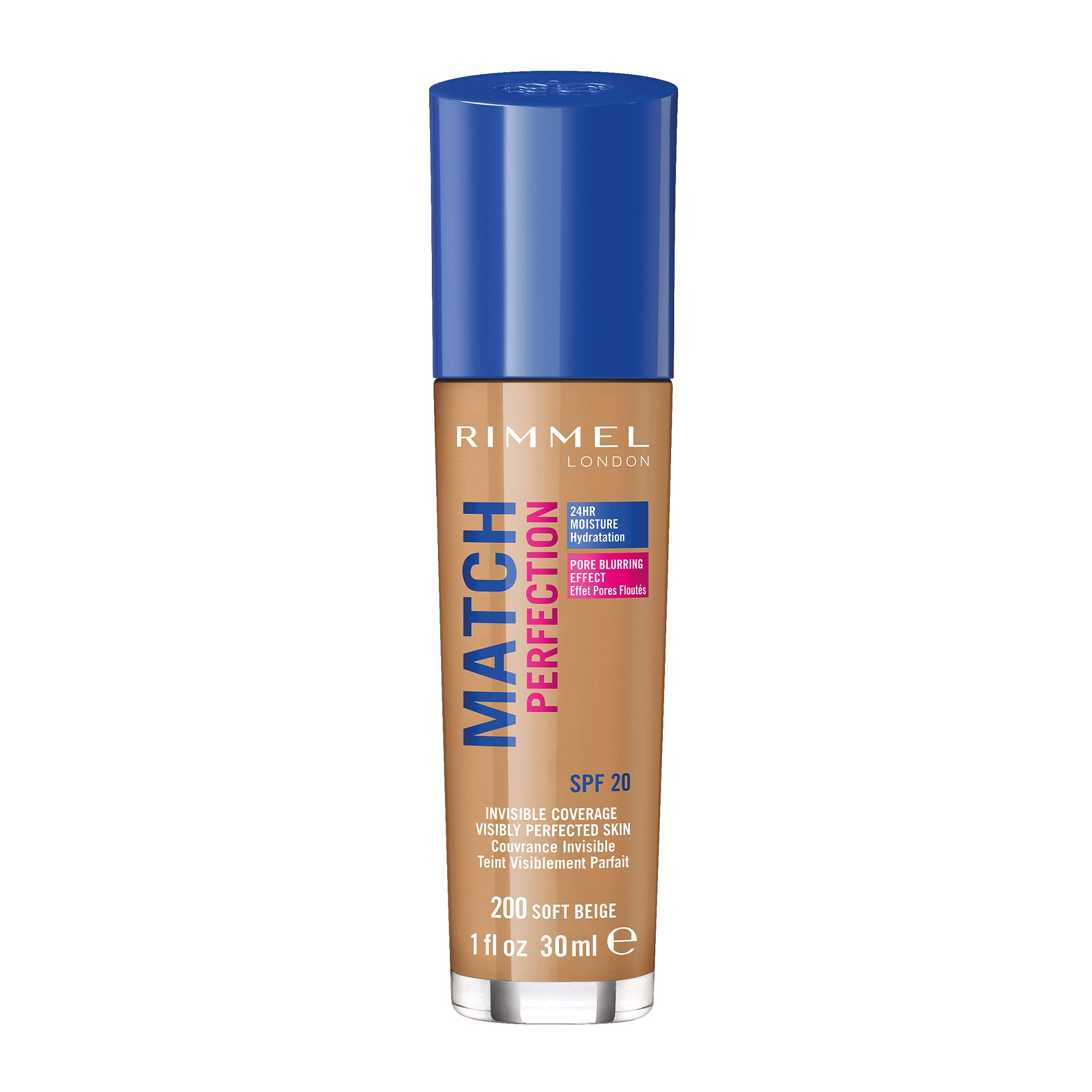 Fond de teint Rimmel Match Perfection SPF20 dans sa bouteille élégante, teinte naturelle.