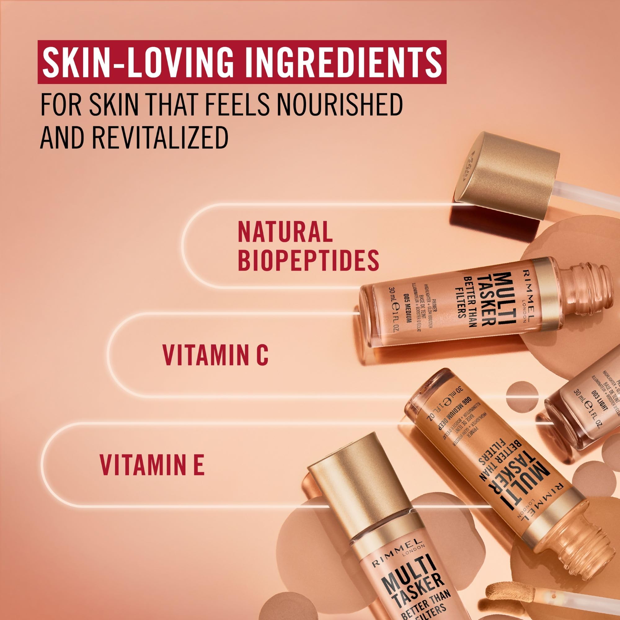 Rimmel Multi-Tasker biopeptides-vitamine-c-e: nutriments essentiels pour une peau revitalisée.