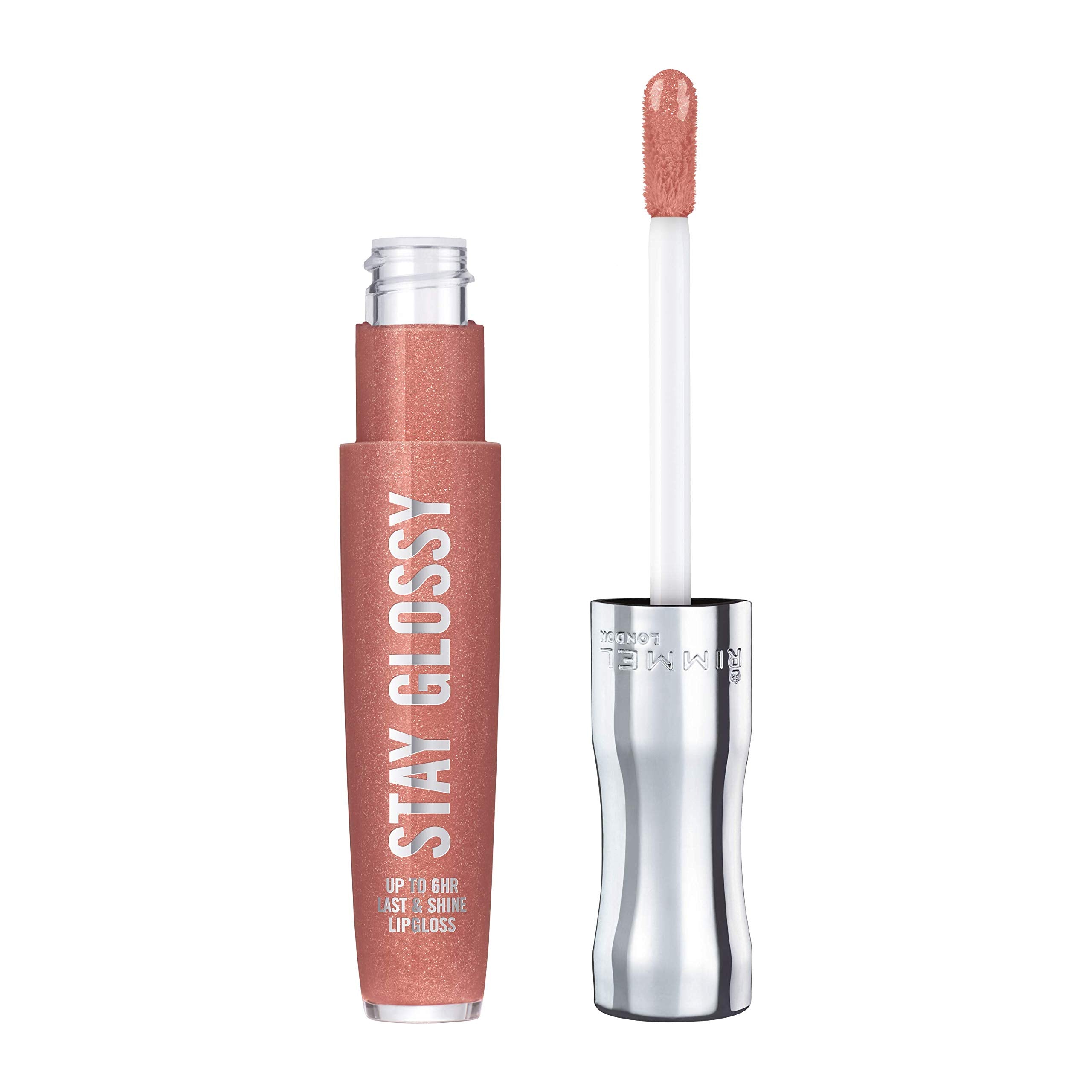 Rimmel Stay Glossy sur flacon lumineux offrant une tenue jusqu'à 6 heures.
