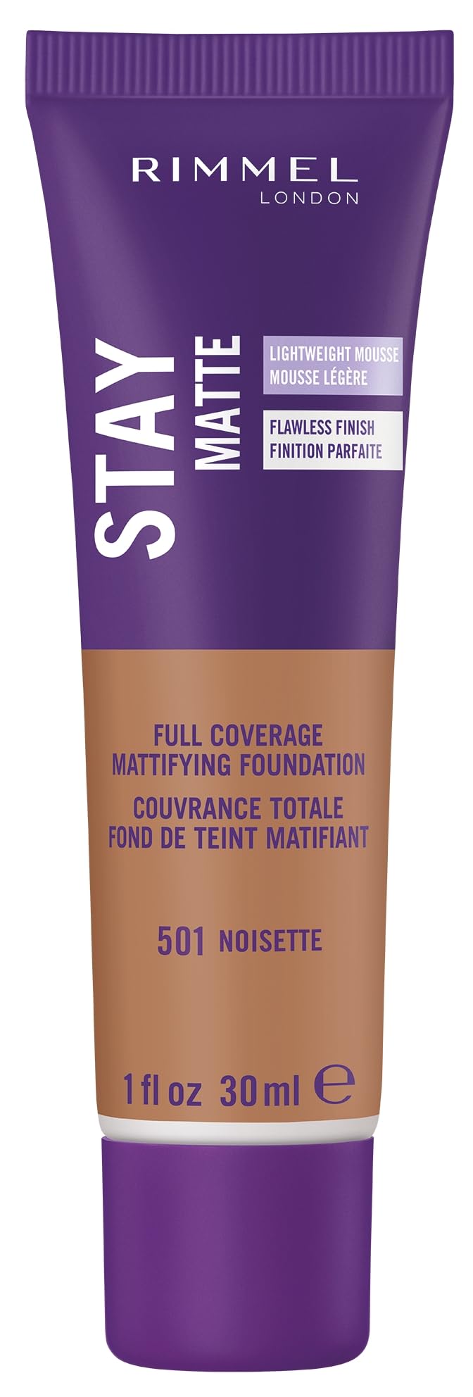 Rimmel Stay Matte Mousse – bouteille fond de teint teinte Noisette, fini mat durable.