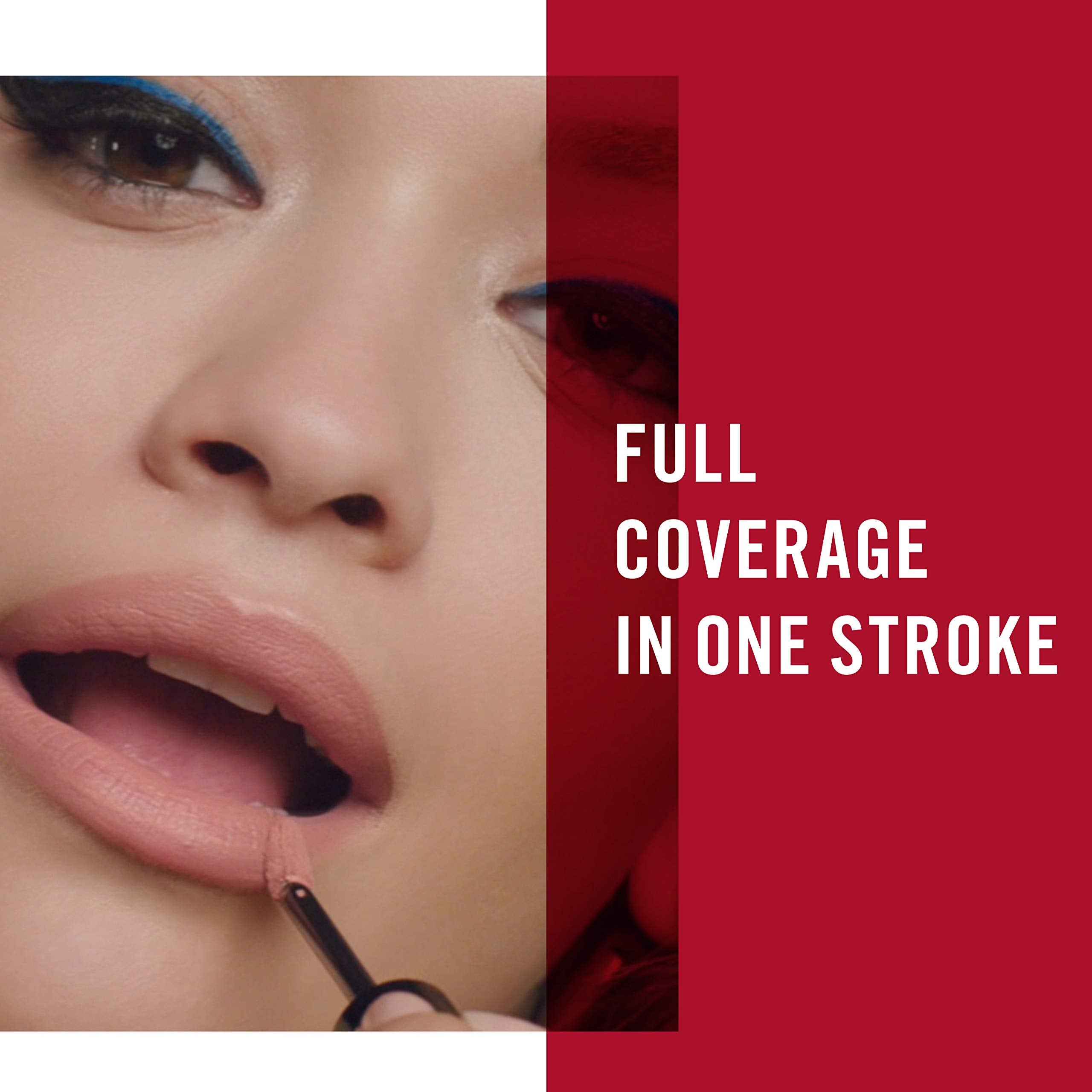 Rimmel Tenue Matte Rouge Liquide – échantillon sur les lèvres pour évaluer la couleur.