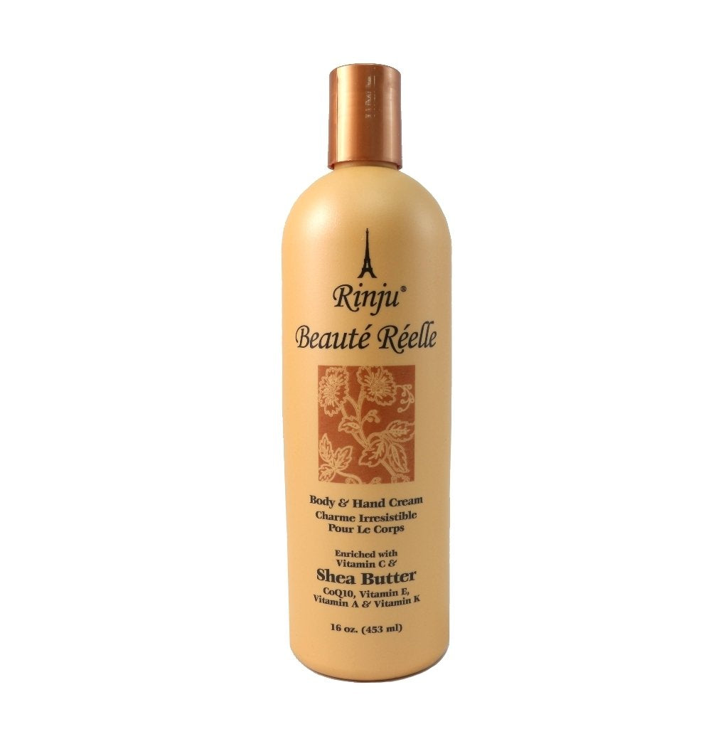 Rinju Beauté Réelle: lotion mains et corps, flacon prêt à hydrater quotidiennement.