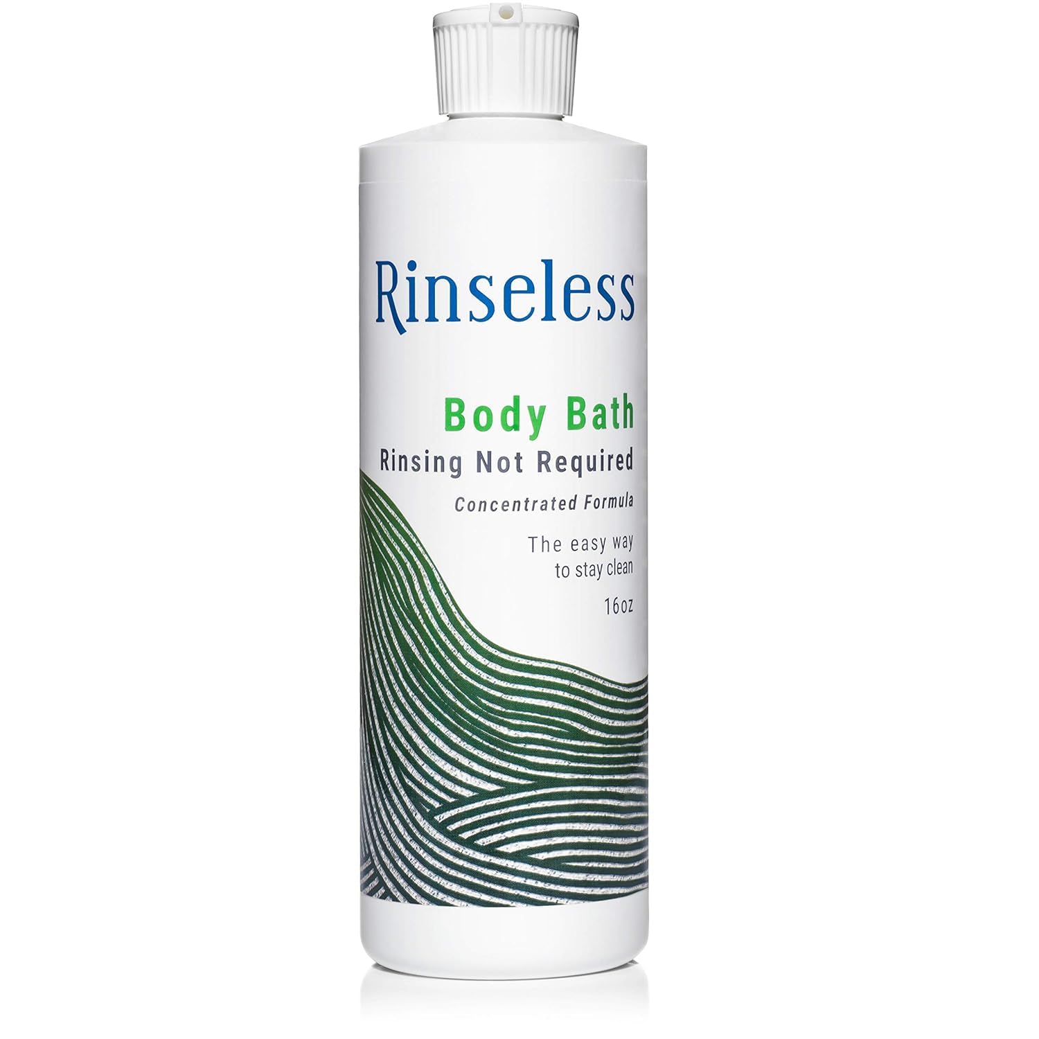 RINSELESS – bouteille affichant le bain sans eau pour hygiène rapide.