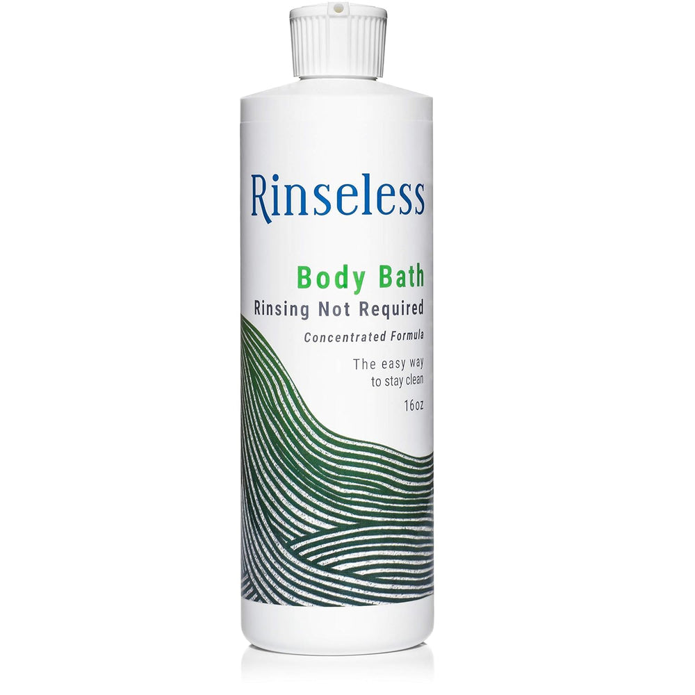 RINSELESS – bouteille affichant le bain sans eau pour hygiène rapide.