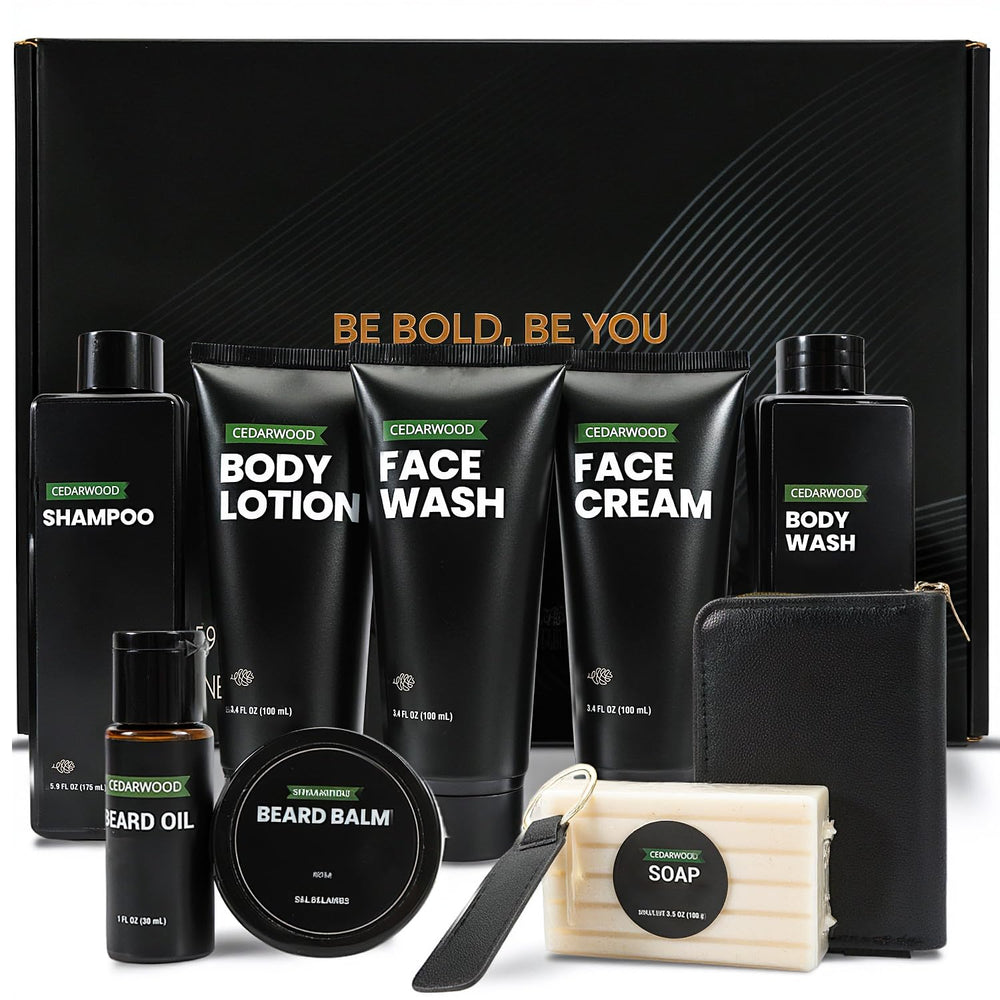 Rinse & Robust cedarwood beard kit with oil and balm for daily grooming.