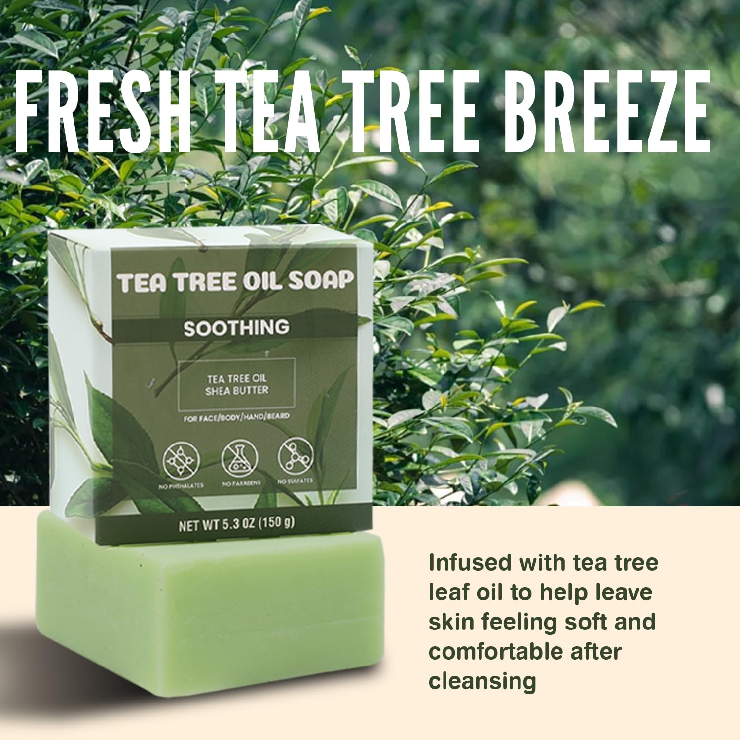 Rinse & Robust tea tree soap bar hands detail for thorough cleansing.