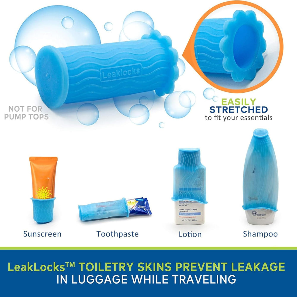 Rinseroo LeakLocks Toiletry Skins offre une adaptation universelle pour les produits essentiels voyage.