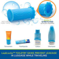 Rinseroo LeakLocks Toiletry Skins offre une adaptation universelle pour les produits essentiels voyage.