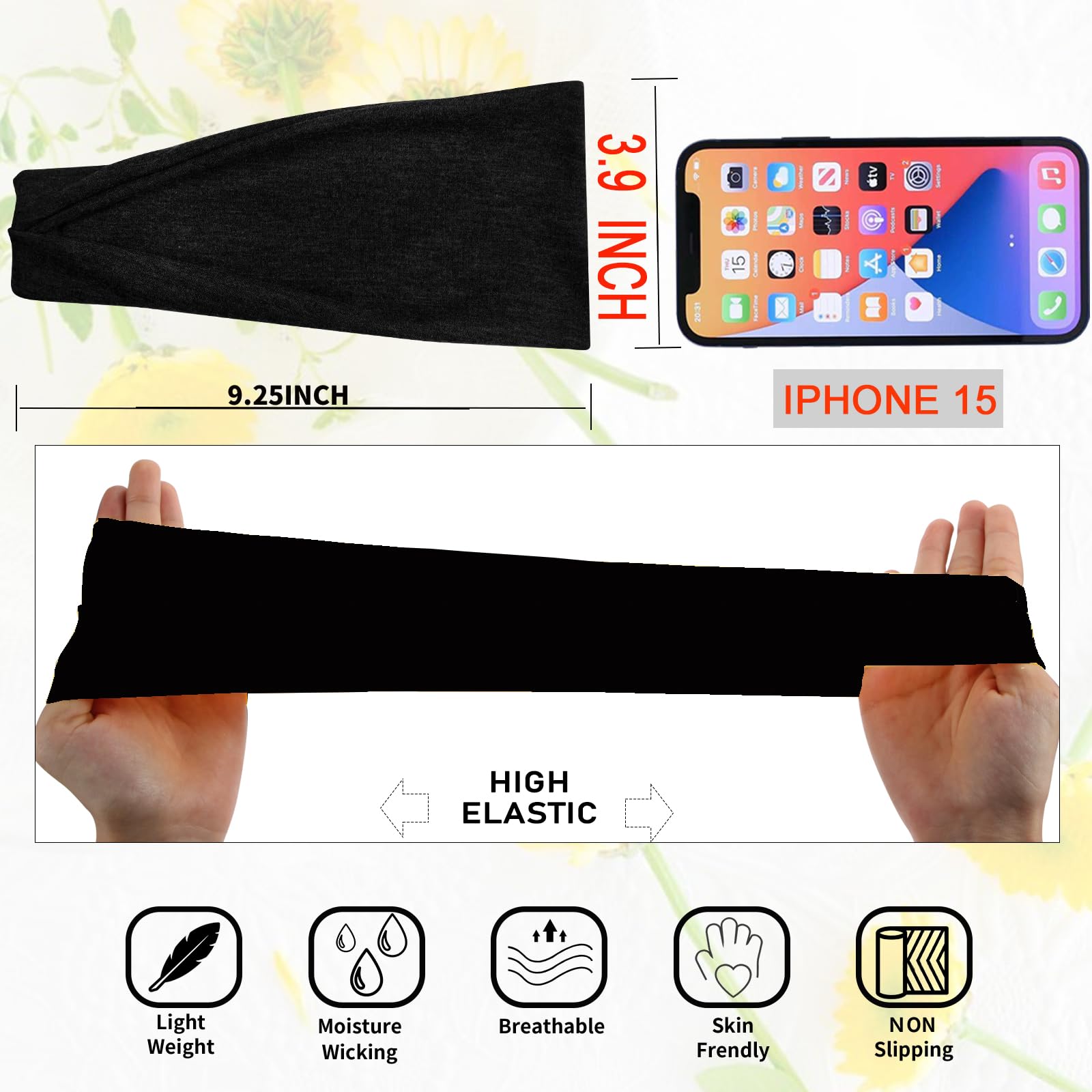 RITOPER bandeau cheveux noir antiglissant idéal pour yoga et sport