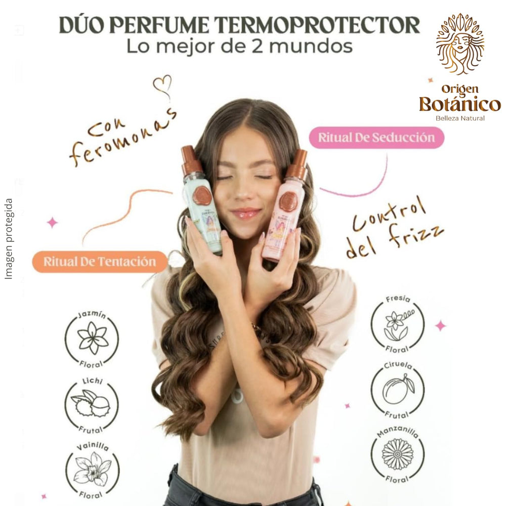 Ritual Botanico Thermal Protector Seduction Rose spray highlights heat protection.