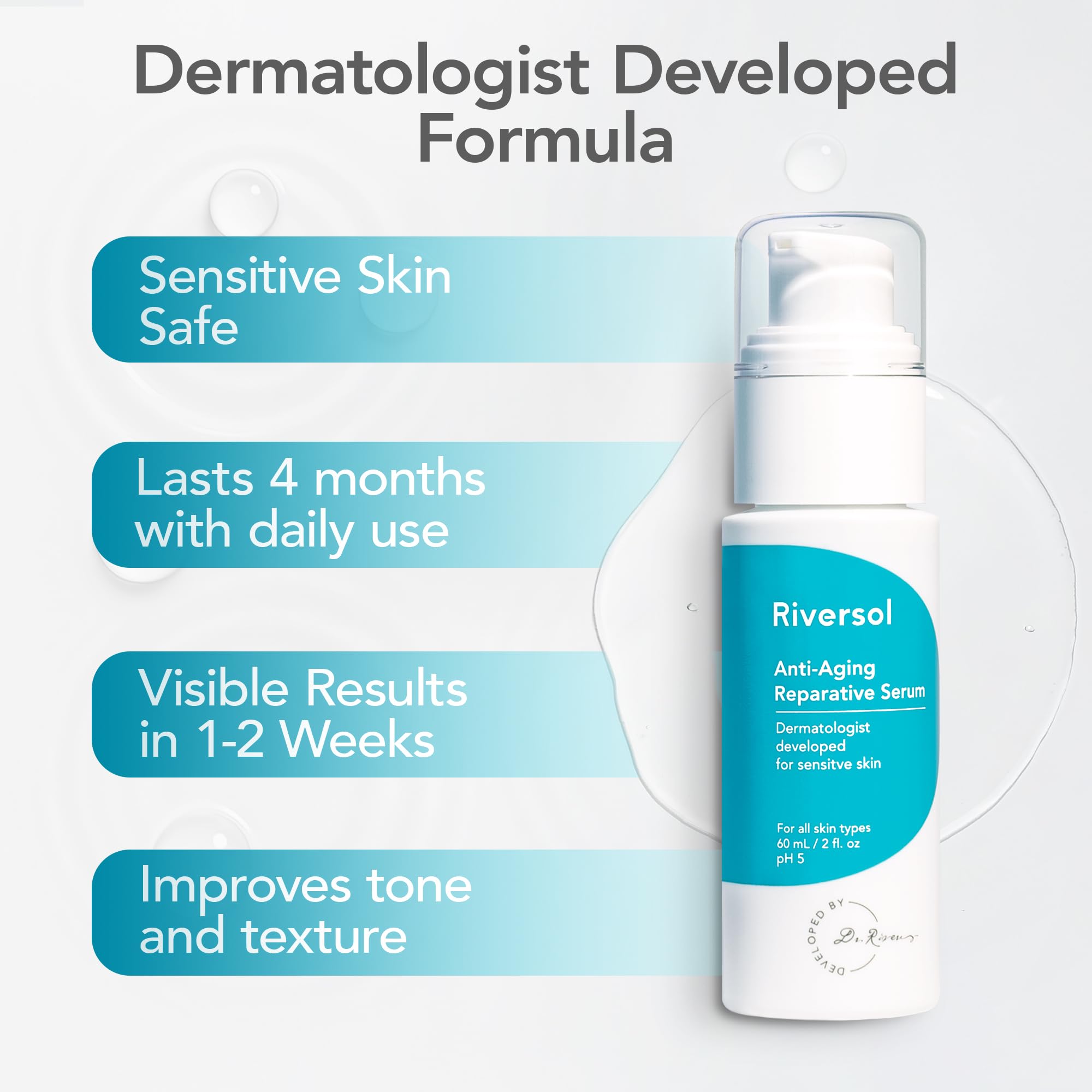 Texture gel translucide du sérum Riversol Vitamin C qui s’absorbe rapidement.