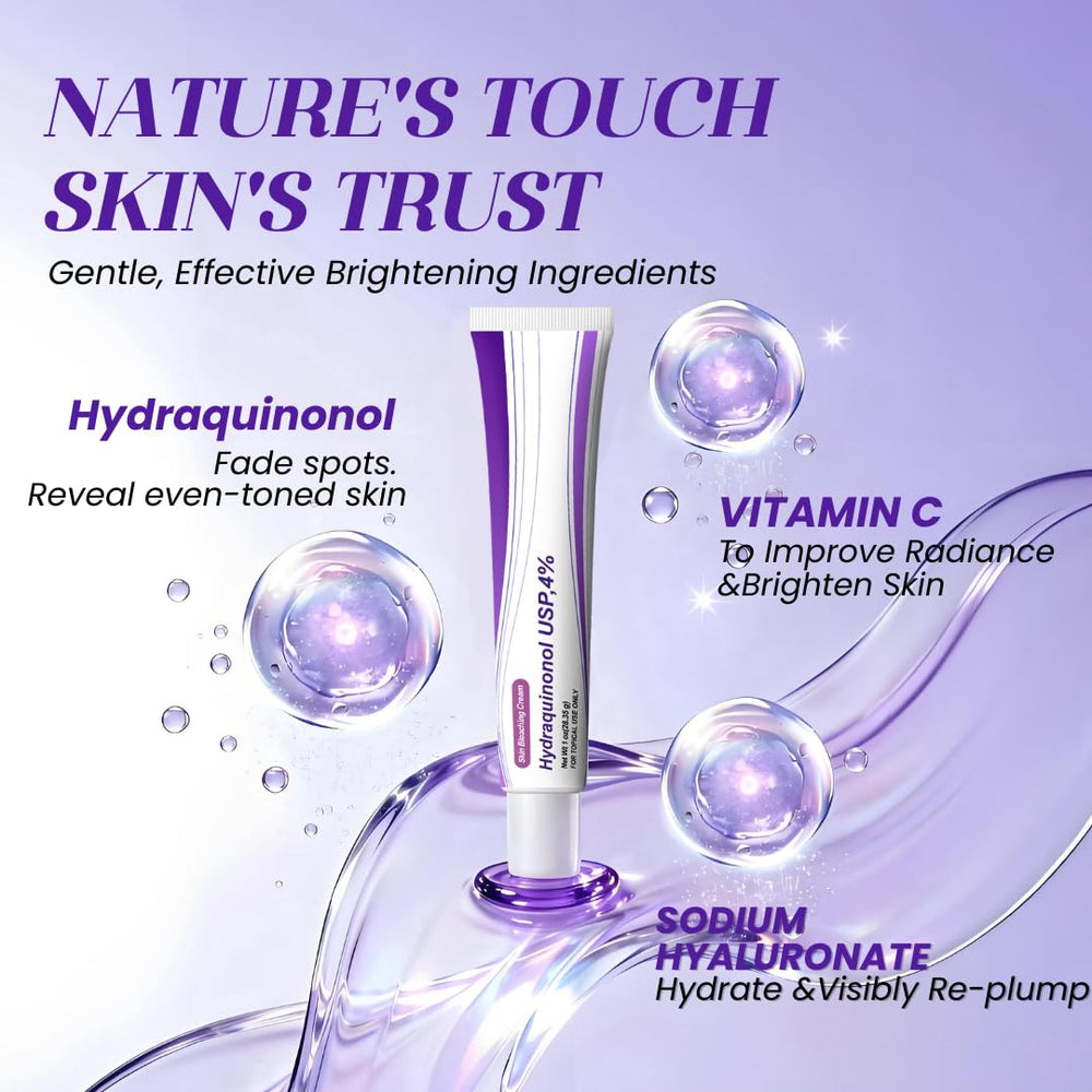 Rivocoda Hydraquinonol crème, aperçu avant/après et éclat naturel.
