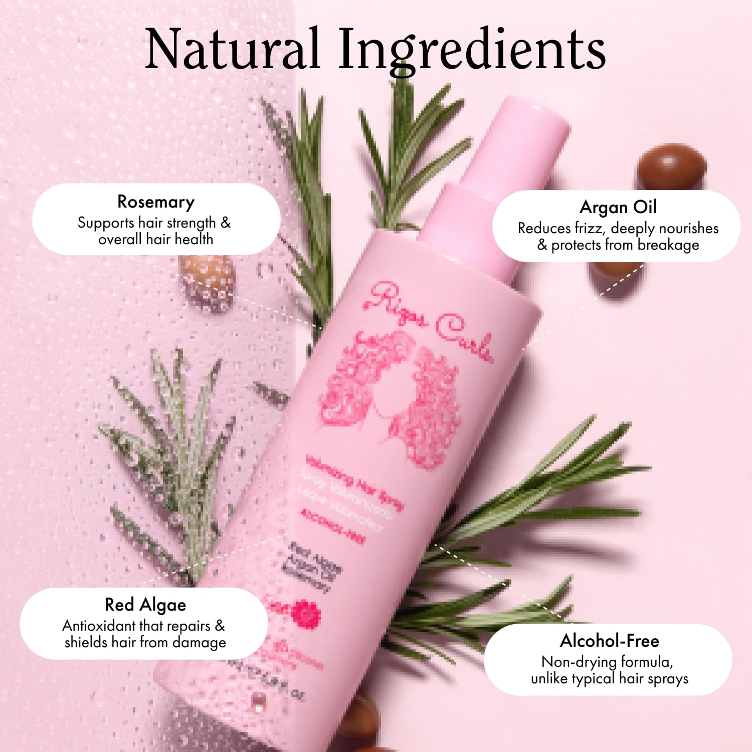 Rizos Curls spray nozzle applying lightweight hold to strands.