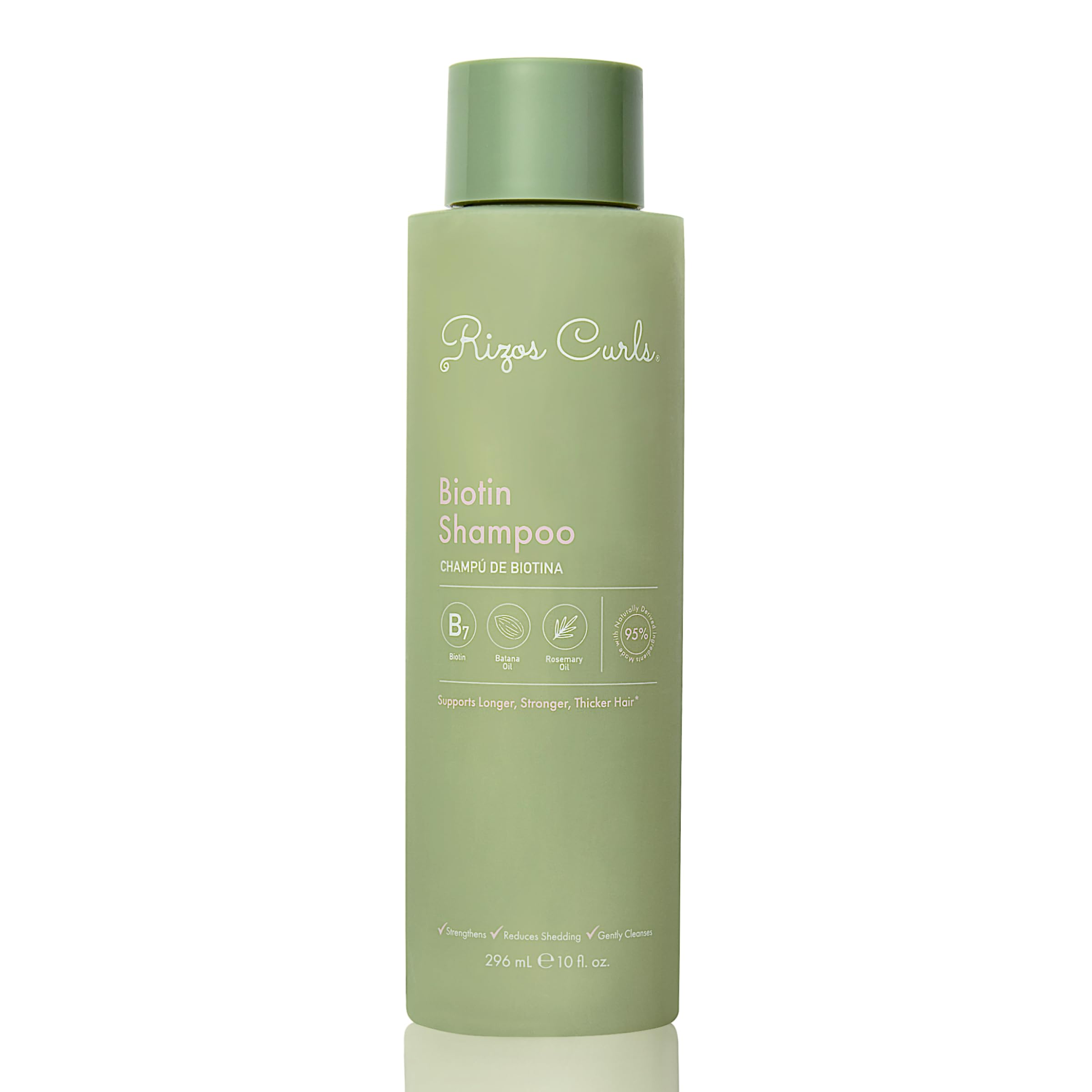 Shampoing Biotine Rizos Curls en bouteille, pour des cheveux plus forts et sains.