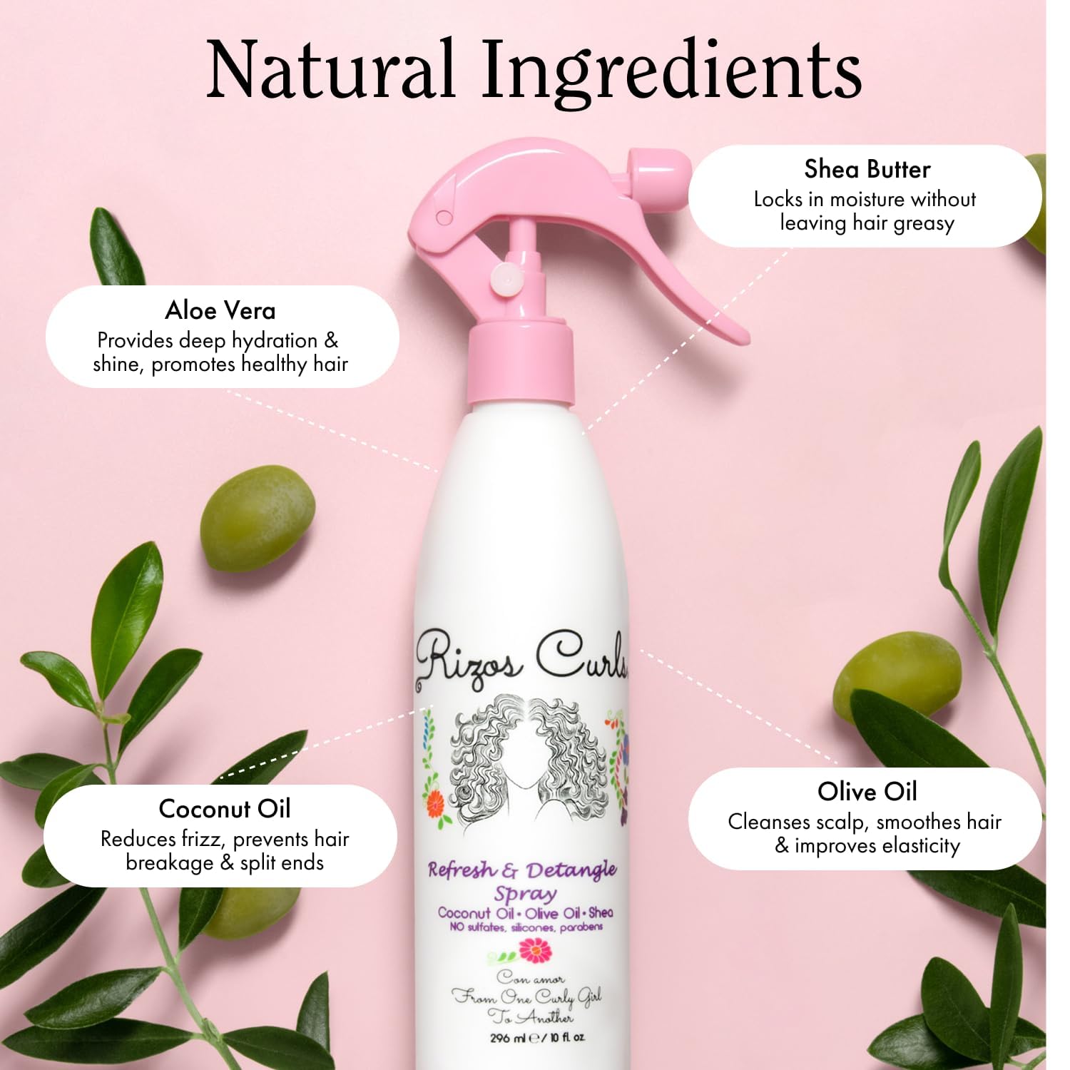 Rizos Curls Travel Refresh & Detangle Spray – Boucles brillantes et définies après usage.
