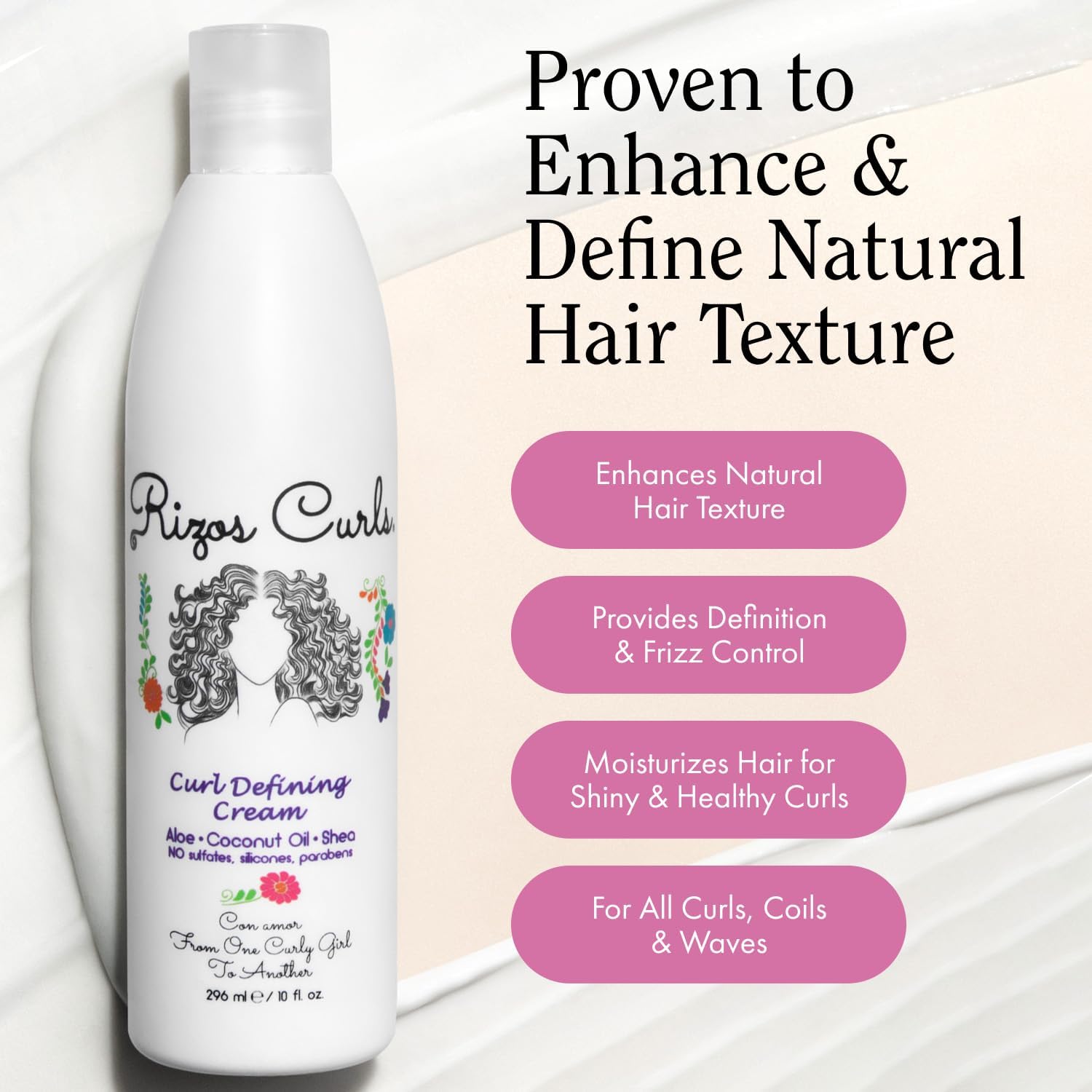 Cheveux sans frisottis avec Rizos Curls pour une brillance durable.
