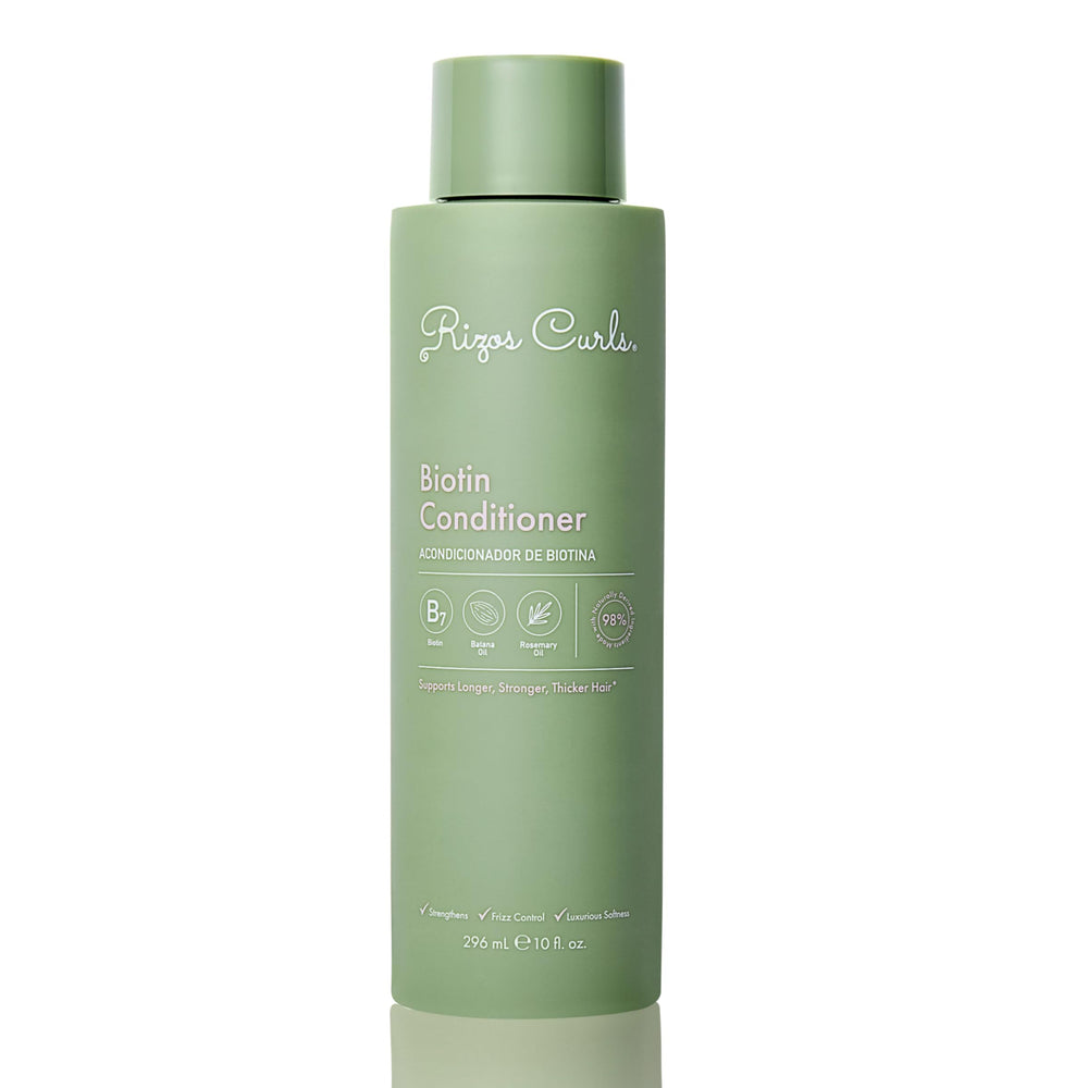 Rizos Curls Biotin Conditionneur — bouteille élégante démontrant une hydratation durable et soin quotidien.