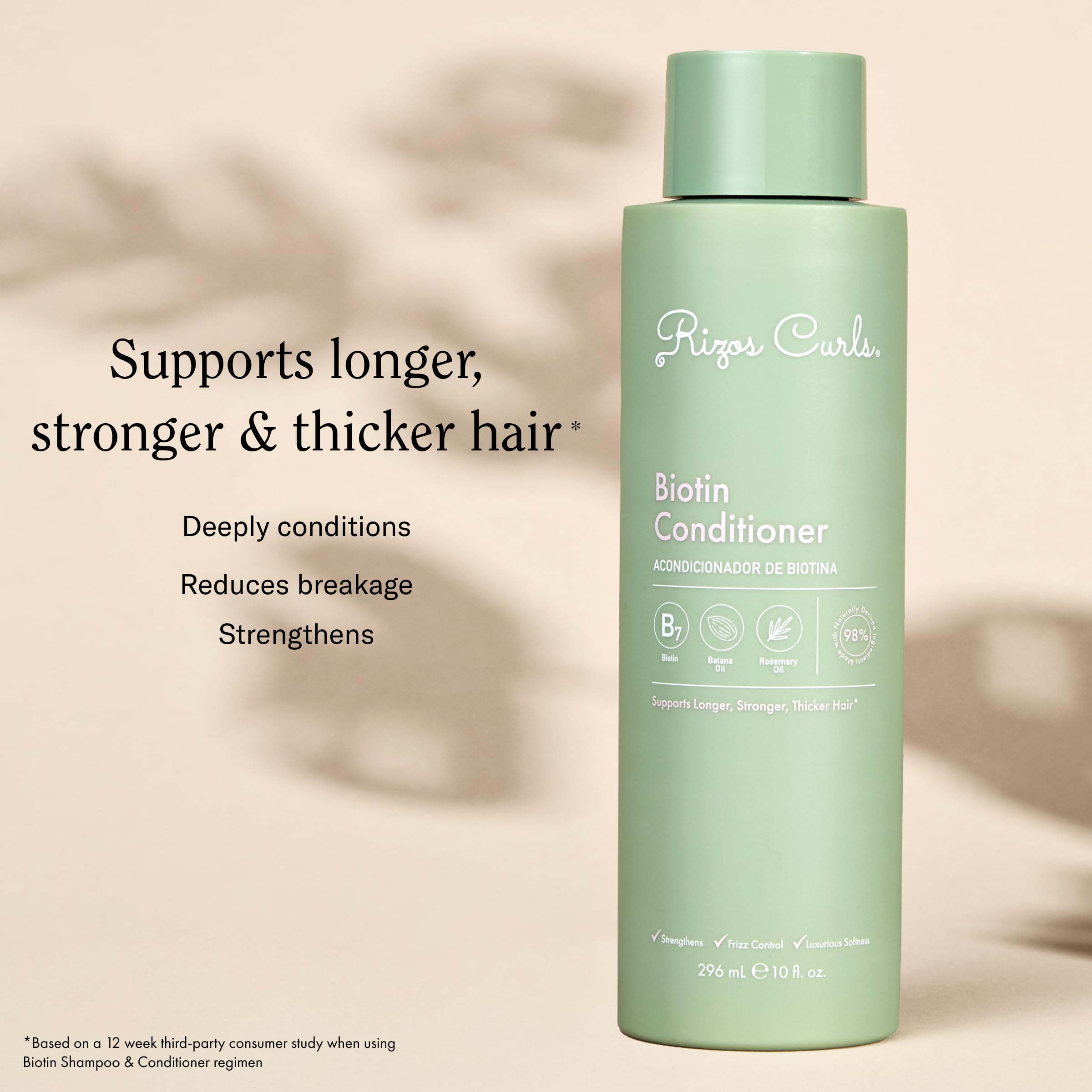 Rizos Curls Biotin Conditionneur — cheveux brillants et souples après utilisation.