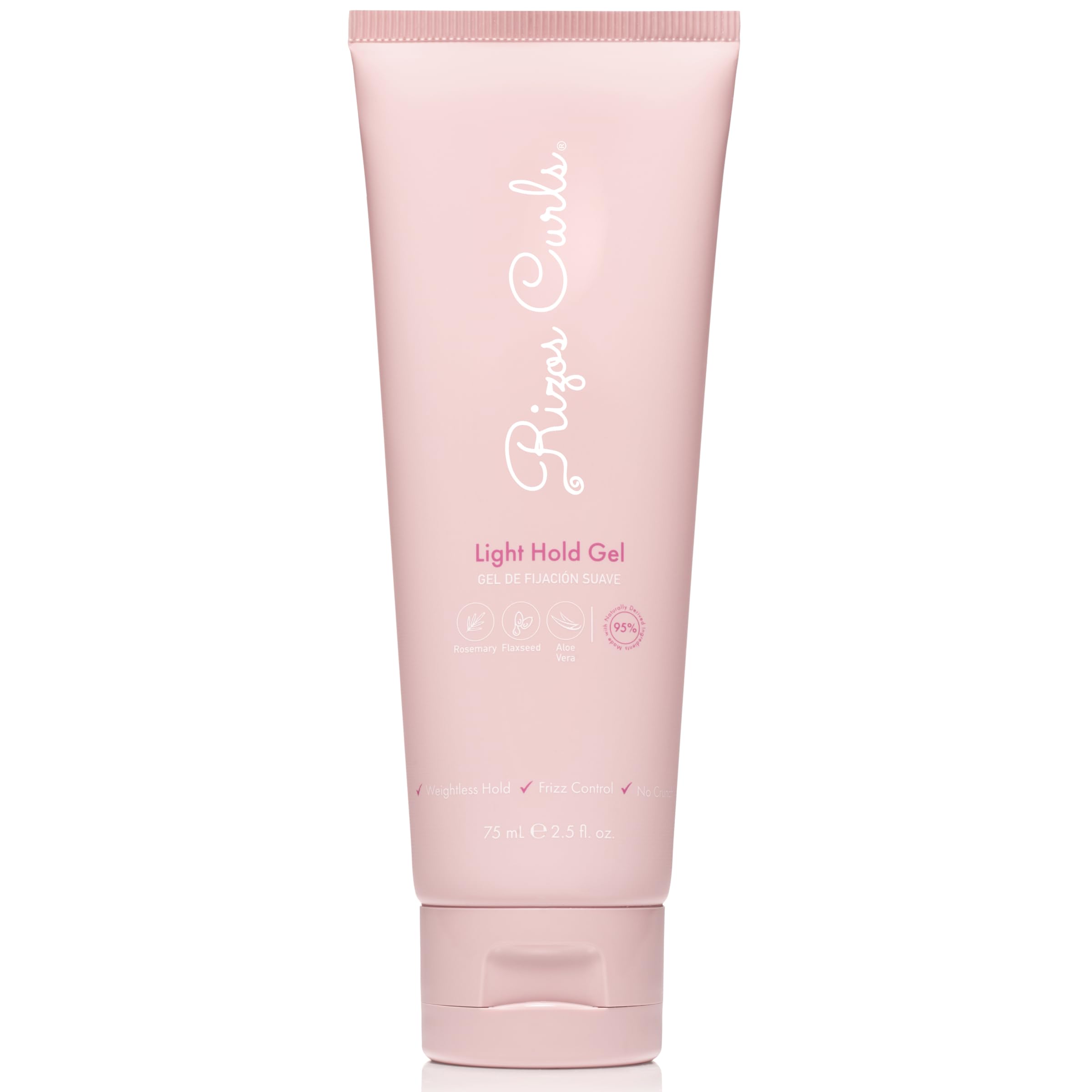 Rizos Curls Gel: bouteille montrant le maintien léger pour des boucles définies.