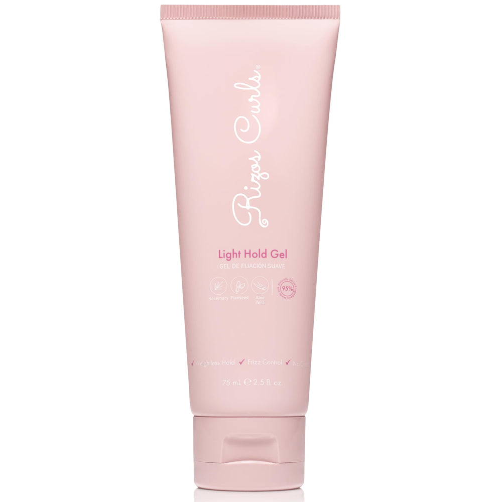 Rizos Curls Gel: bouteille montrant le maintien léger pour des boucles définies.