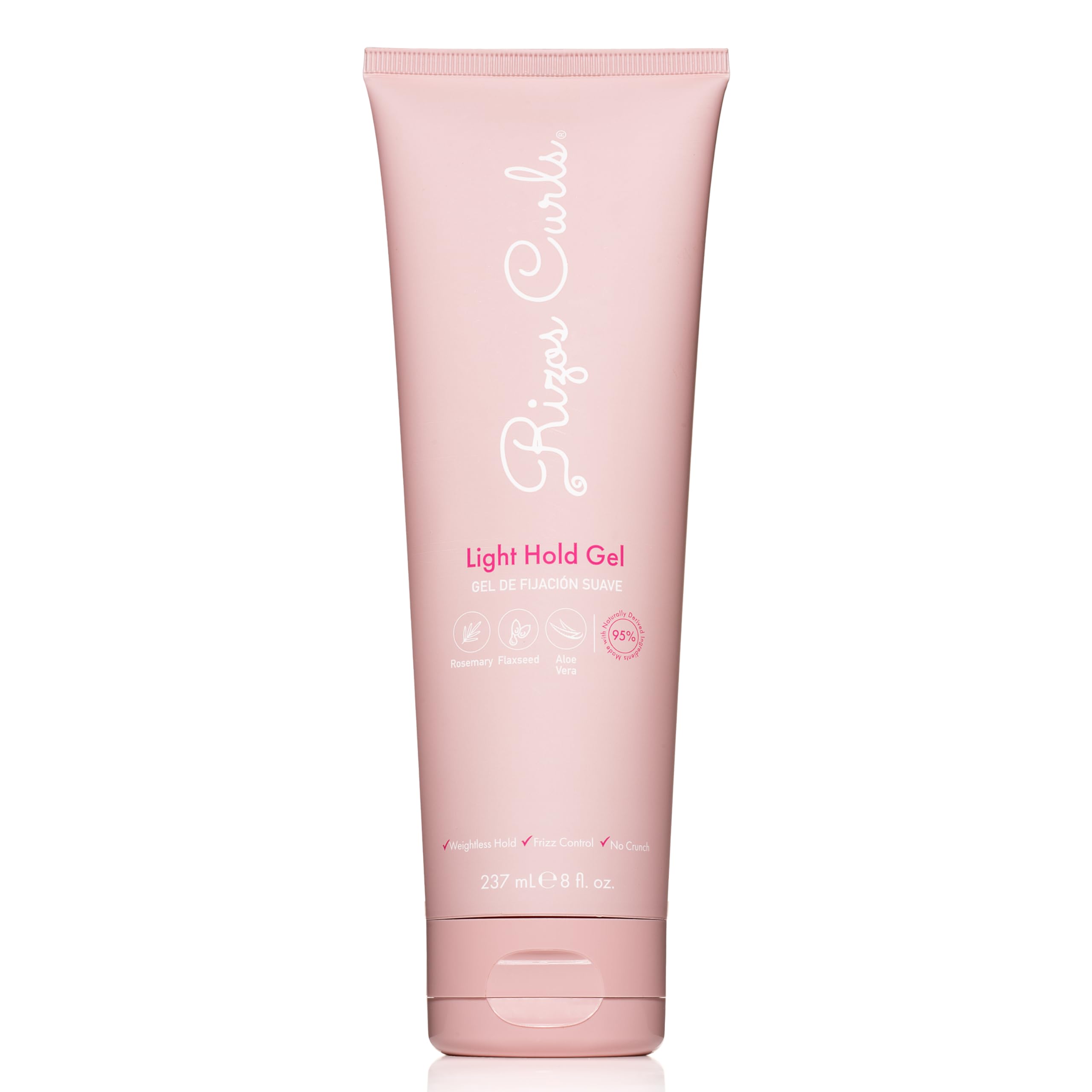 Rizos Curls Gel tenue légère sur bouteille montrant des boucles définies et hydratées.
