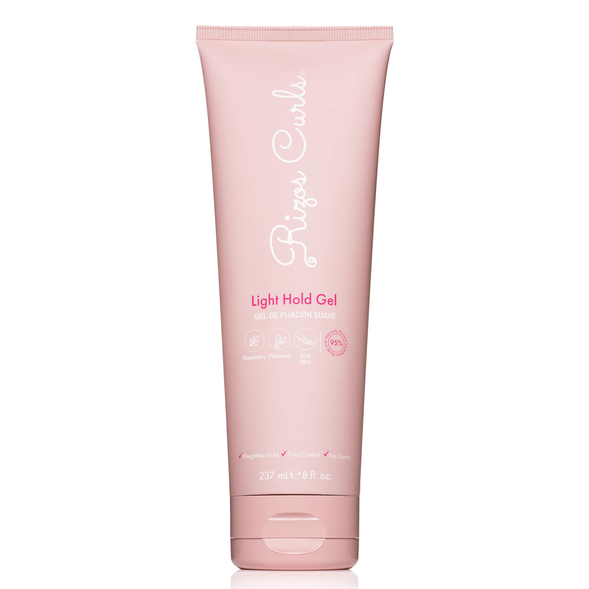 Rizos Curls Gel tenue légère sur bouteille montrant des boucles définies et hydratées.