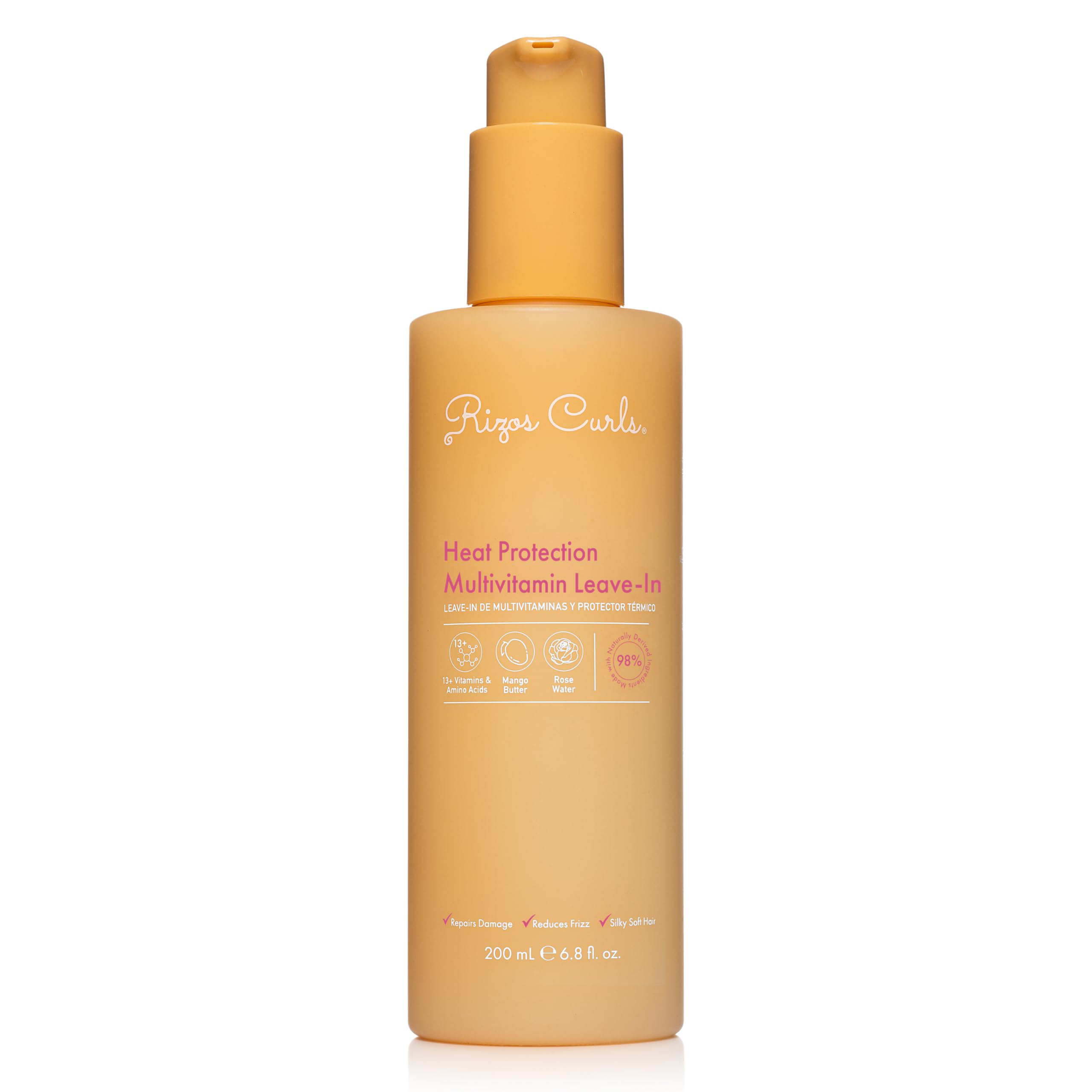 Rizos Curls multivitamin leave-in bottle front highlighting heat protection benefits.