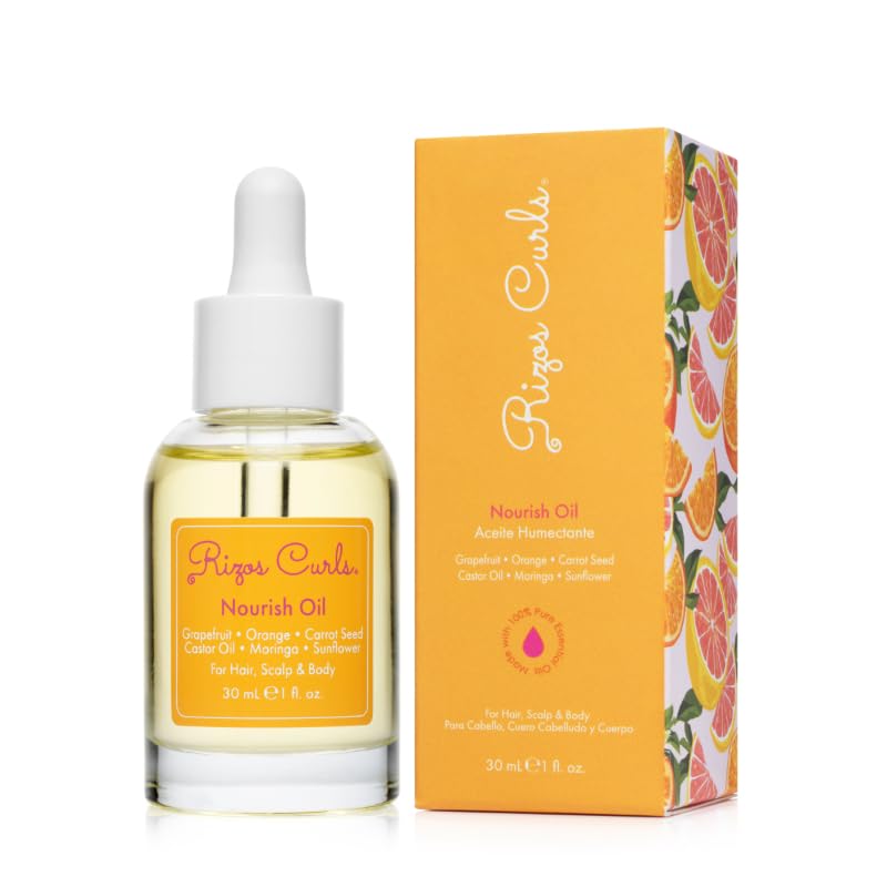 Rizos Curls Nourish Oil, bouteille ouverte, huile légère qui apporte brillance et hydratation.