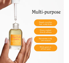 Rizos Curls Nourish Oil, finition brillante pour cheveux lisses et soyeux.
