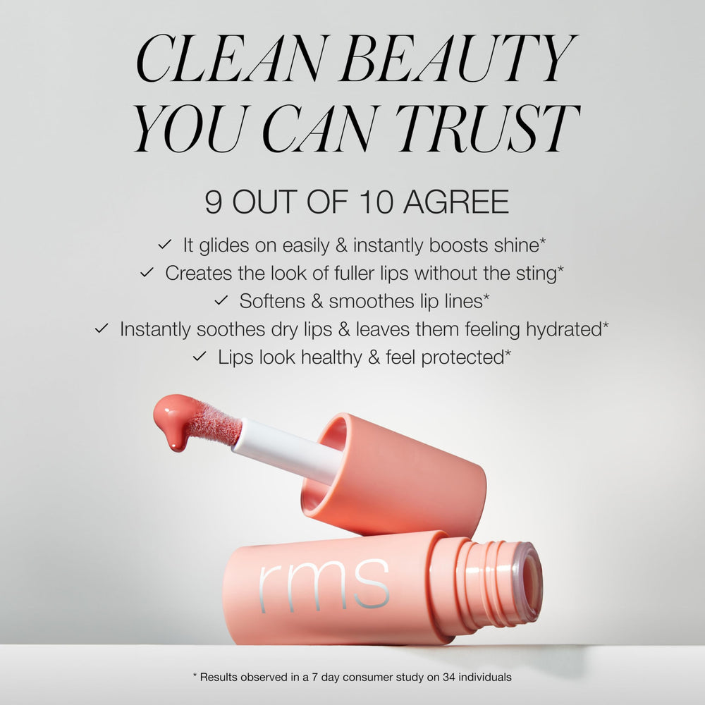 RMS Beauty Legendary Lip Oil contient jojoba biologique et cerise pour le soin des lèvres.