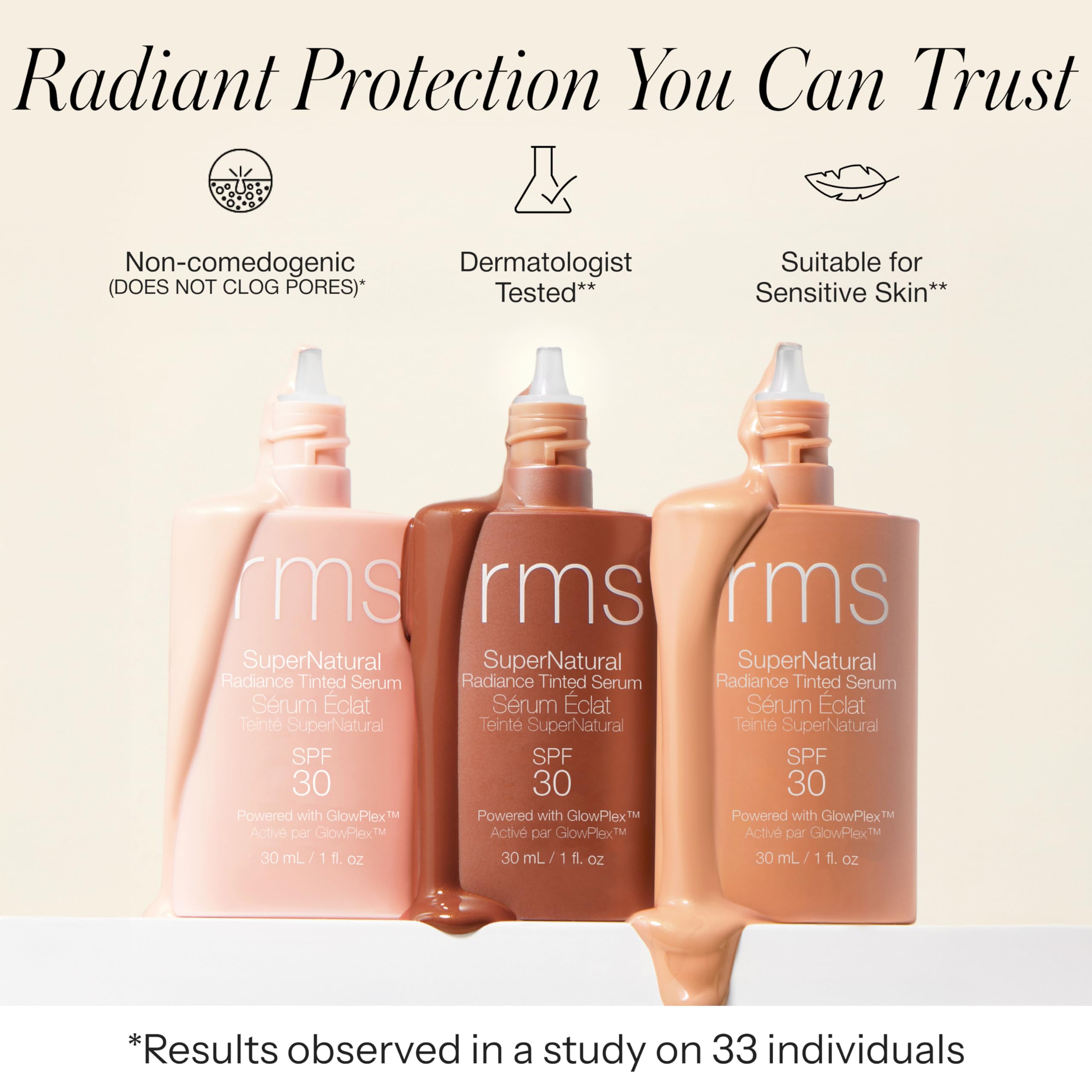 RMS Beauty Supernatural Radiance Serum SPF 30 peau hydratée et radieuse au quotidien.