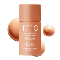 RMS Beauty Supernatural Radiance Serum SPF 30 en flacon, éclat naturel et protection solaire.