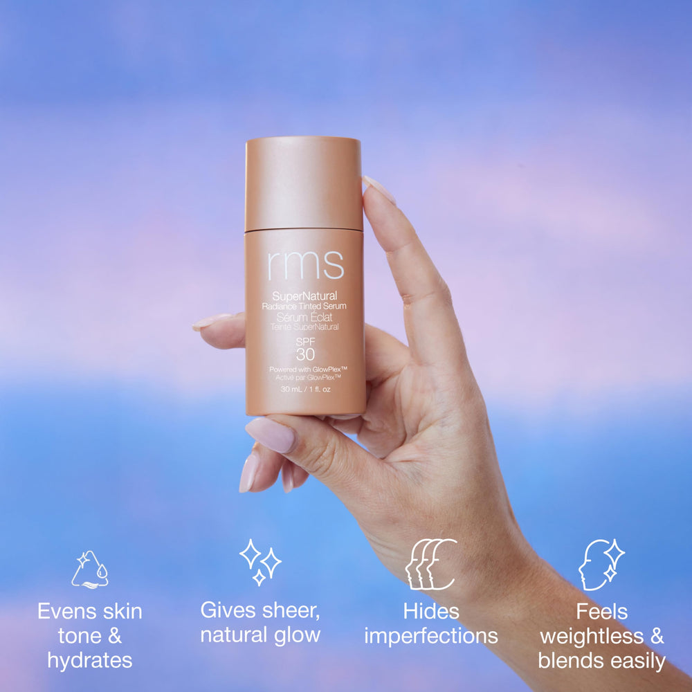 RMS Beauty Supernatural Radiance Serum SPF 30 usage sous le maquillage pour un fini frais.