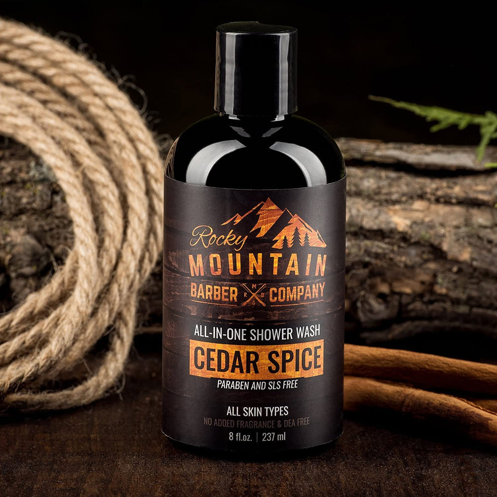 Rocky Mountain Barber Cedar Spice, étiquette claire facilitant l’identification du soin polyvalent.