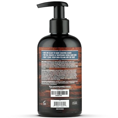 Bouteille de 8oz Rocky Mountain Barber Co, gel clair idéal pour rasage précis.
