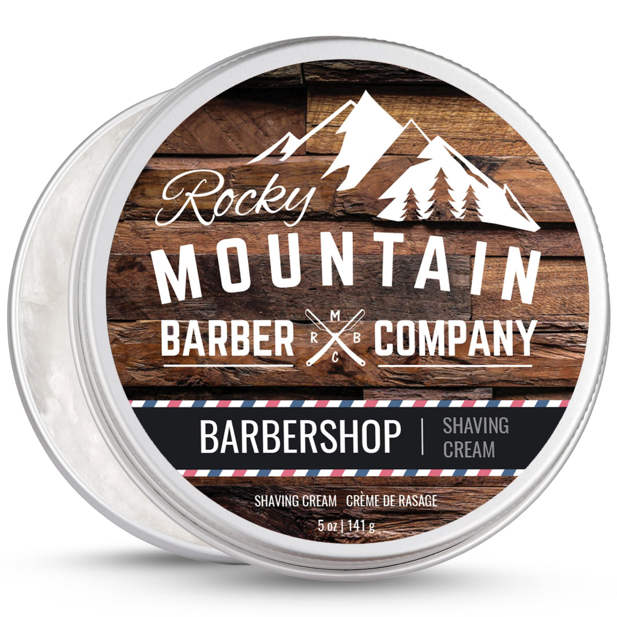 Crème de rasage Rocky Mountain Barber Company en étain 5 oz, mousse riche et durable.