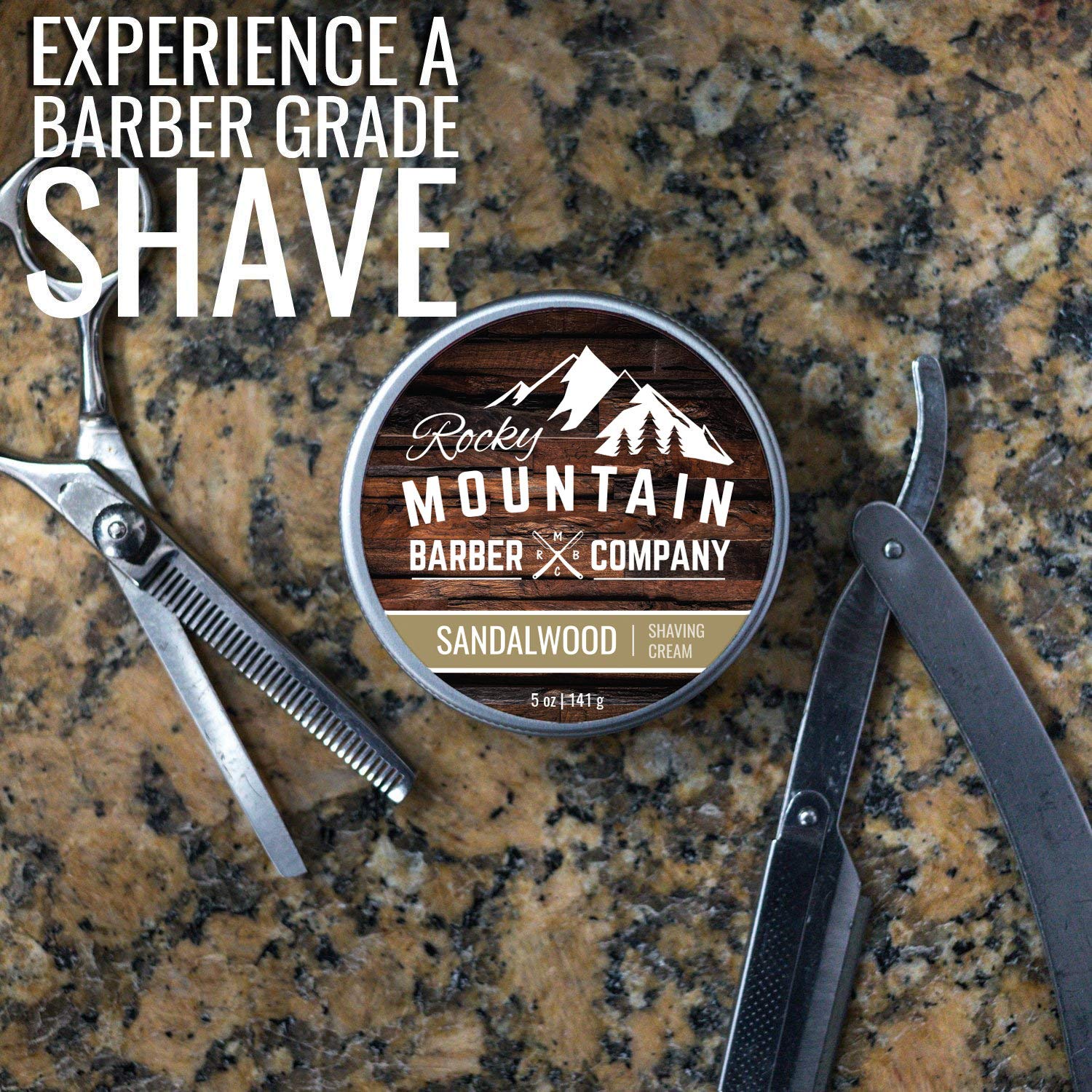 Rocky Mountain Barber Company crème rasage emballage métal, conservation sûre.