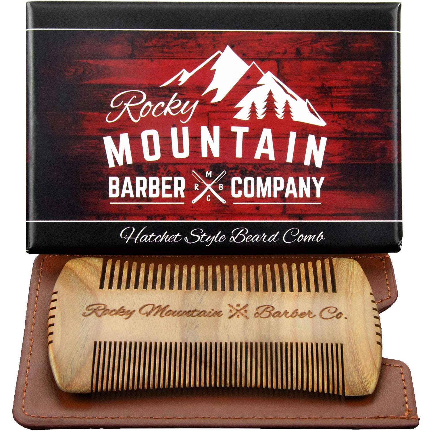 Peigne barbe Rocky Mountain Barber Company en santal bois naturel, discipline les poils et parfume légèrement.