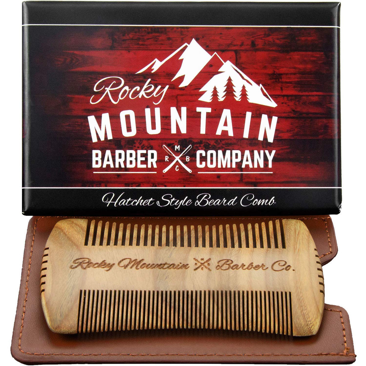 Peigne barbe Rocky Mountain Barber Company en santal bois naturel, discipline les poils et parfume légèrement.