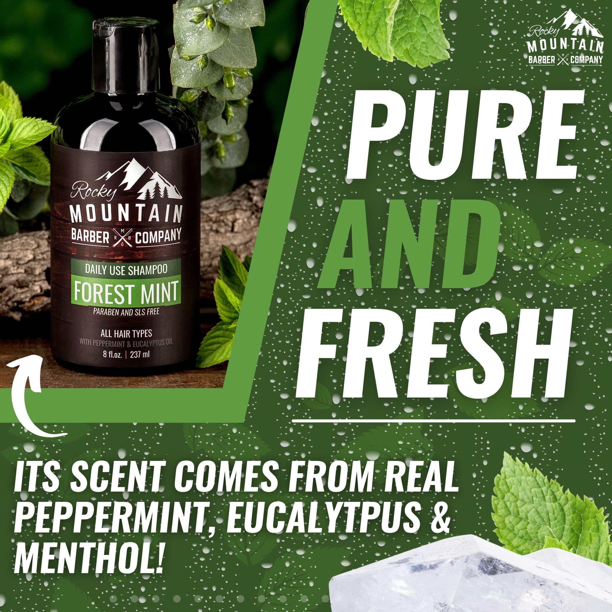 Shampoing Rocky Mountain Barber Company – feuilles menthe et eucalyptus en premier plan