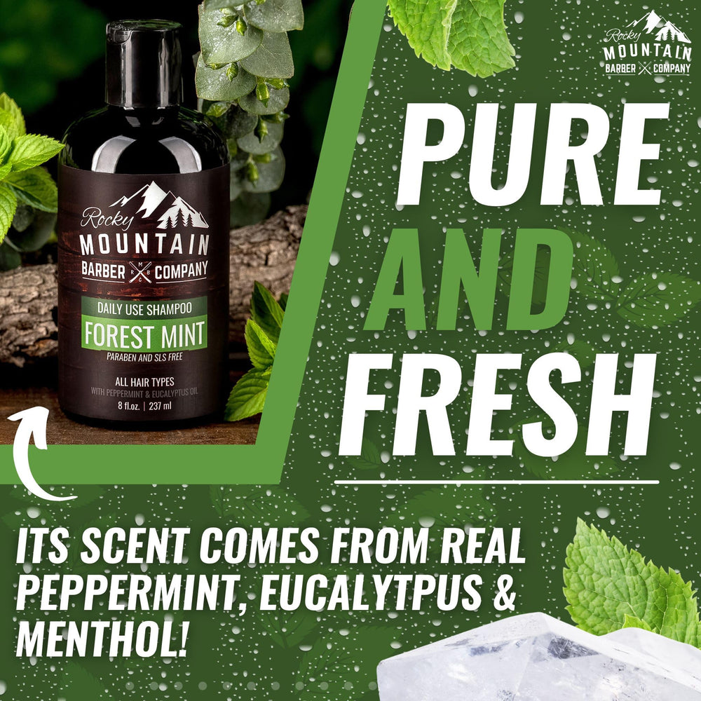 Shampoing Rocky Mountain Barber Company – feuilles menthe et eucalyptus en premier plan