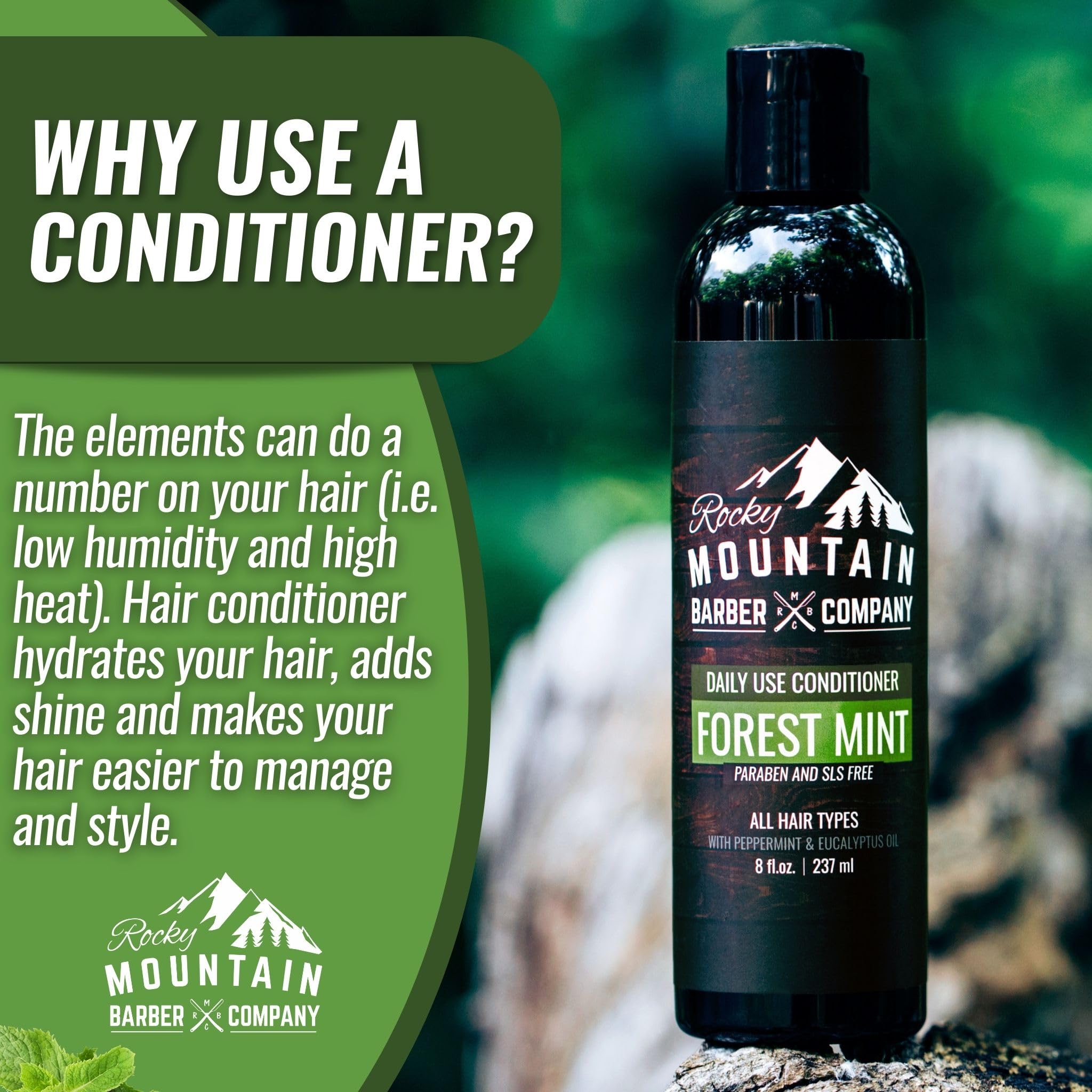 Rocky Mountain Barber Conditionneur Usage Cheveux Humides, démêlage facilité et brillance naturelle.