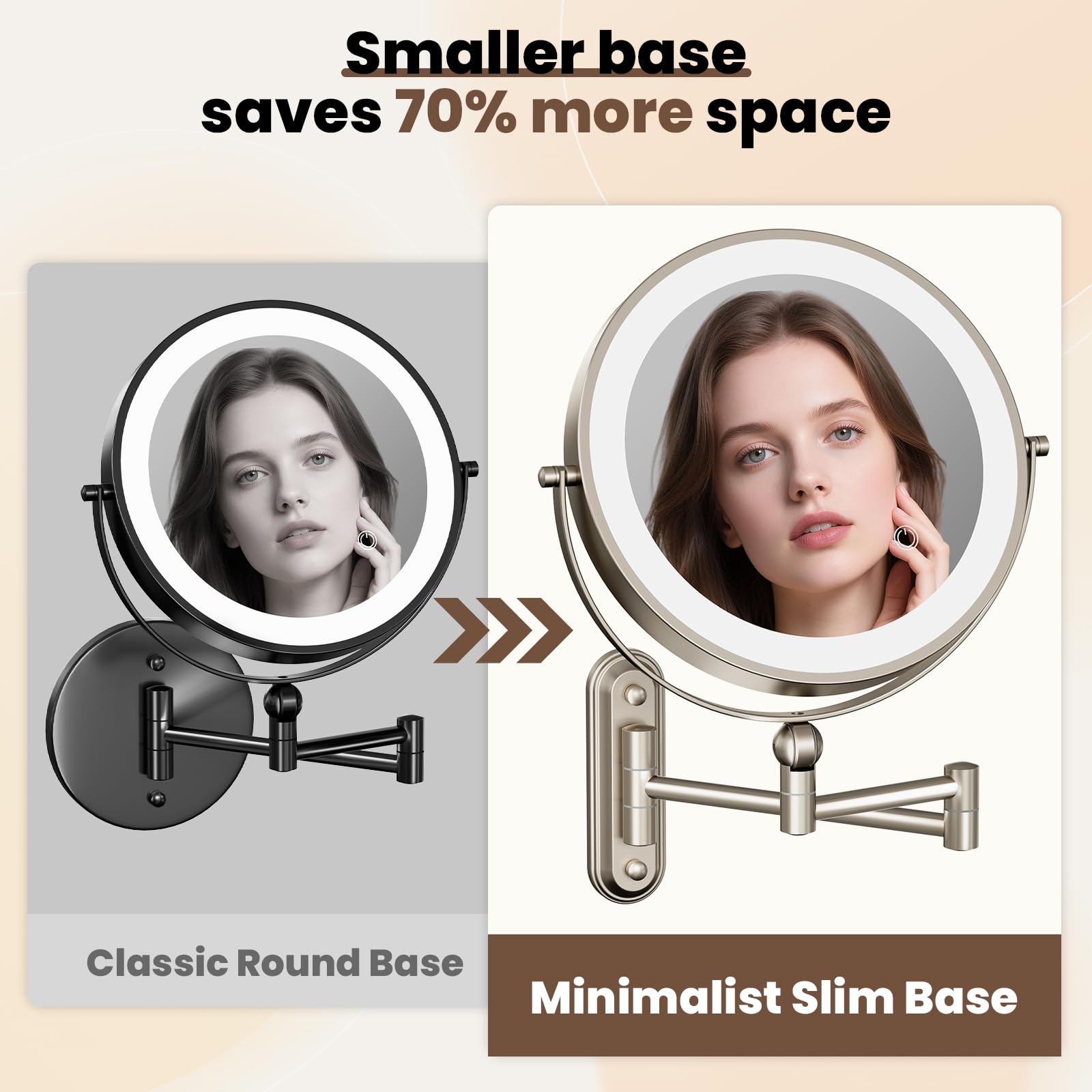 Miroir Rococollos avec bras étendu et rotation à 360° pour ajustement facile.