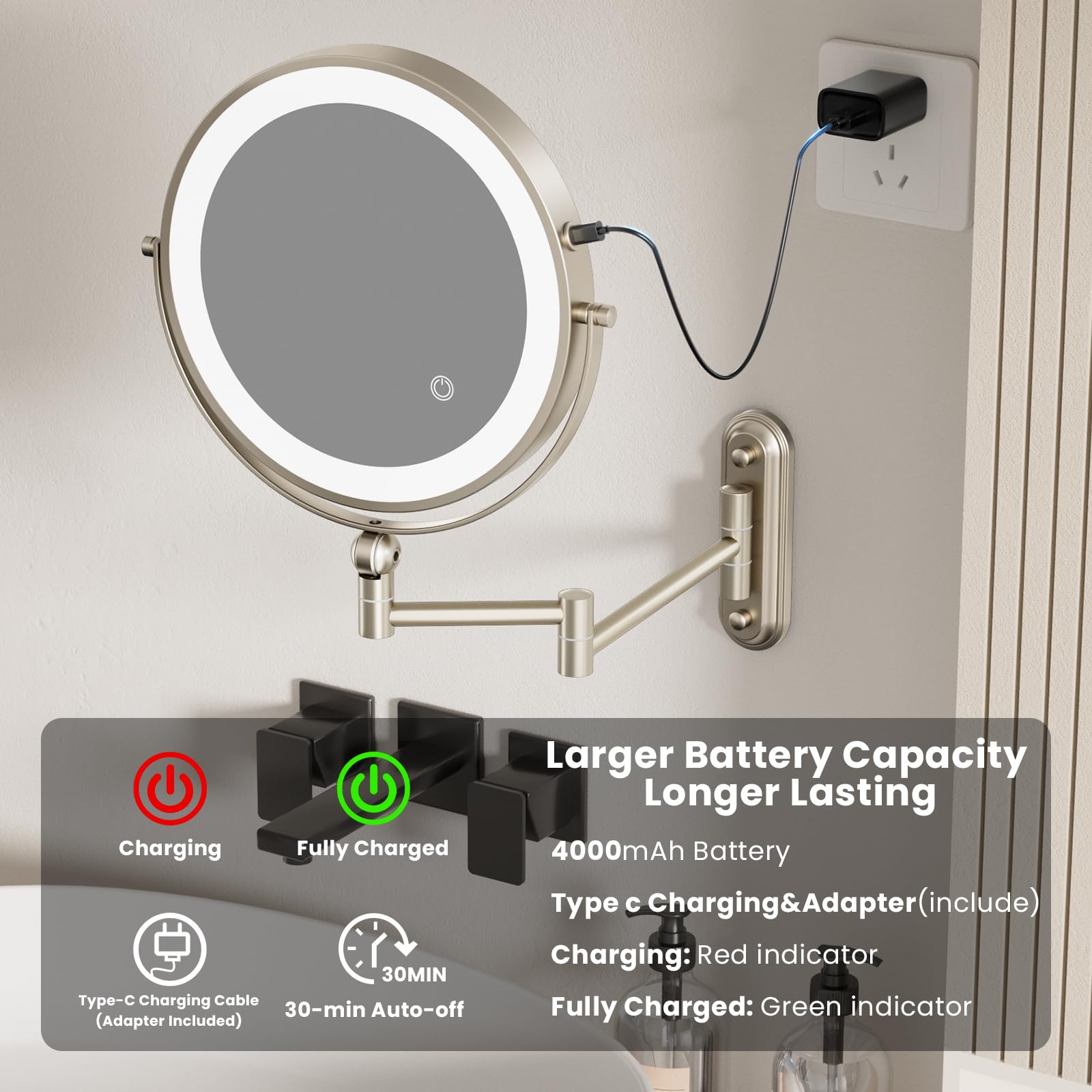 Rococollos miroir LED avec 3 couleurs d éclairage et réglage d intensité.