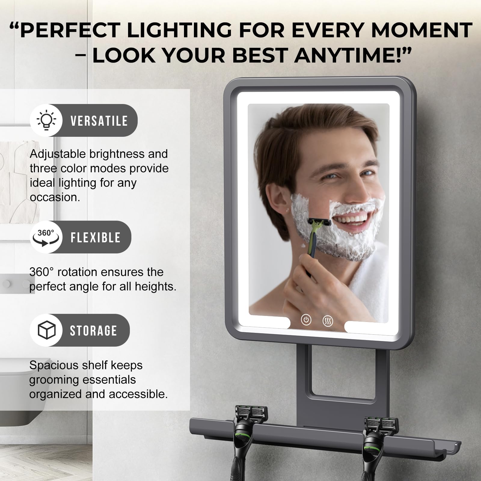 Rocollos miroir douche éclairage à 3 couleurs pour un rasage précis