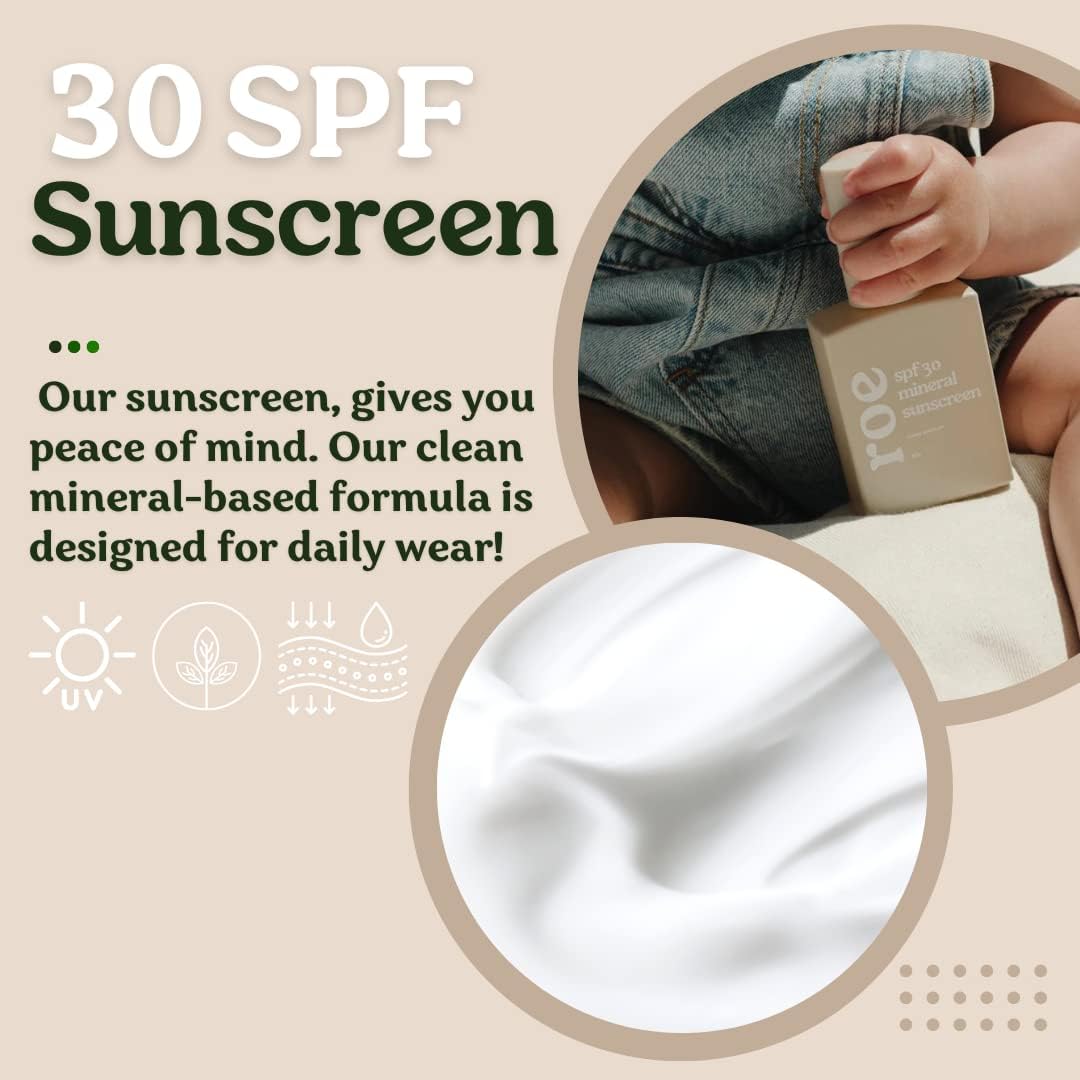 Texture sans gras qui s’étale facilement avec Roe Wellness Bébé SPF30.