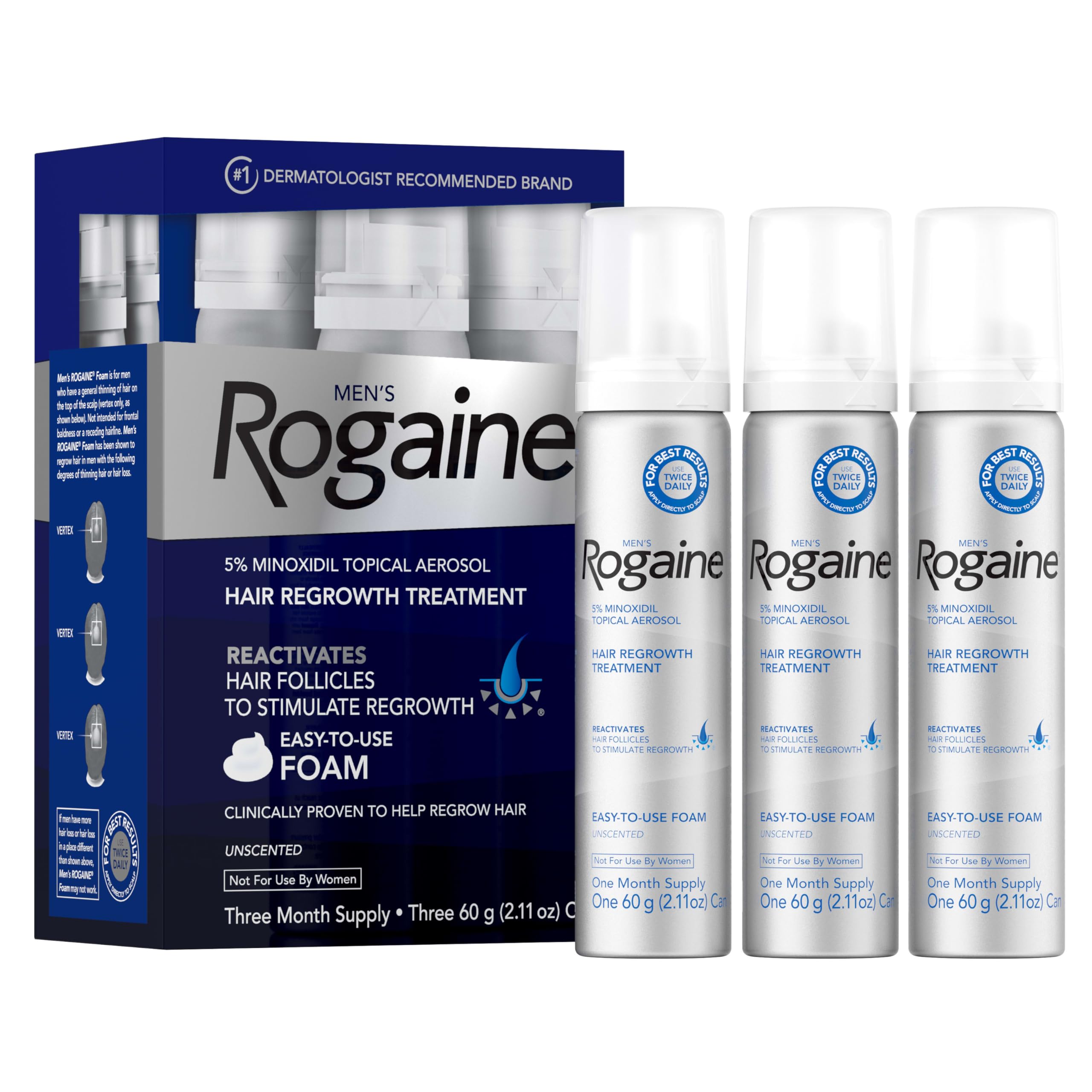 Rogaine Mousse 5% pour homme, flacon élégant, sans parfum.
